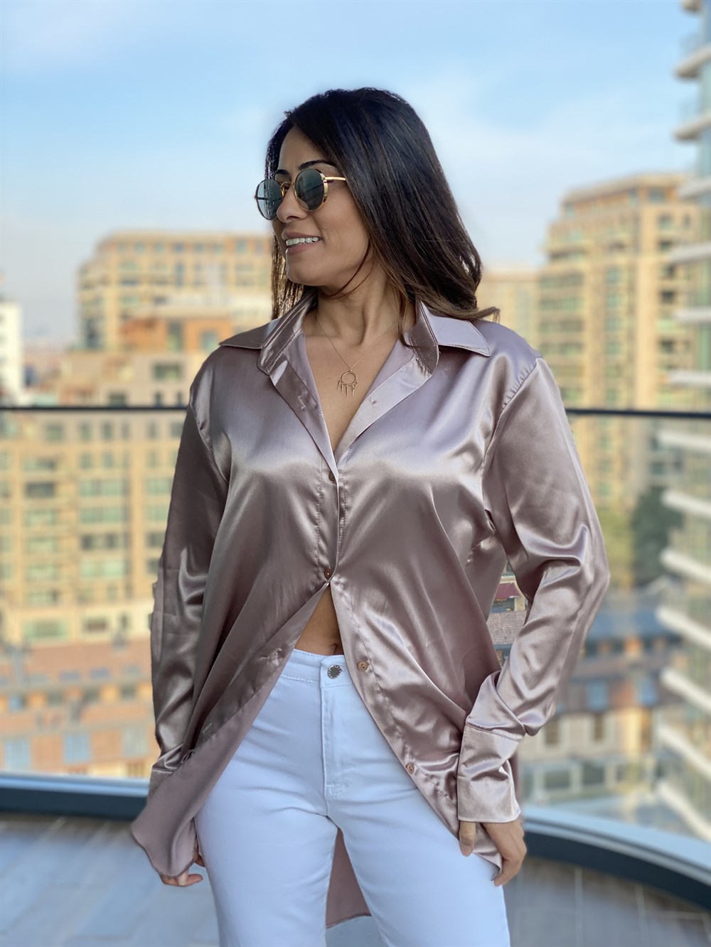 Vizon Oversize Saten Gömlek