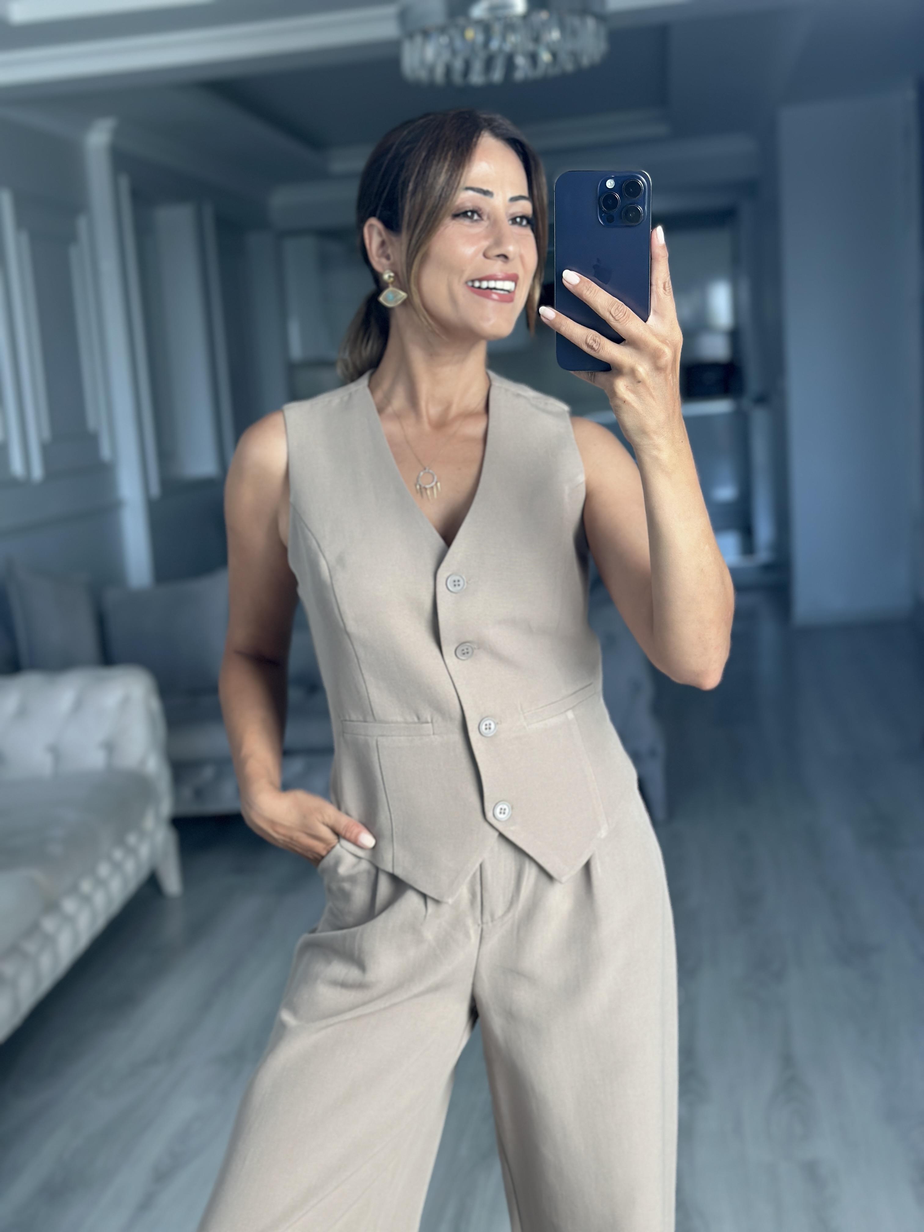 Vizon Terni Yelek Pantolon Kadın Keten Alt Üst Takım