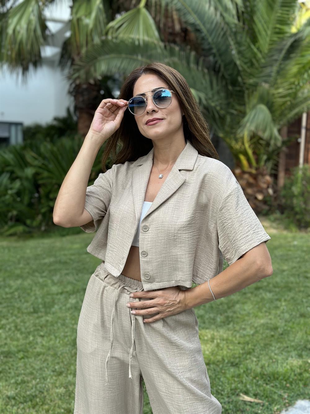 Vizon Tin Tin Crop Gömlek Pantolon Kadın İkili Takım