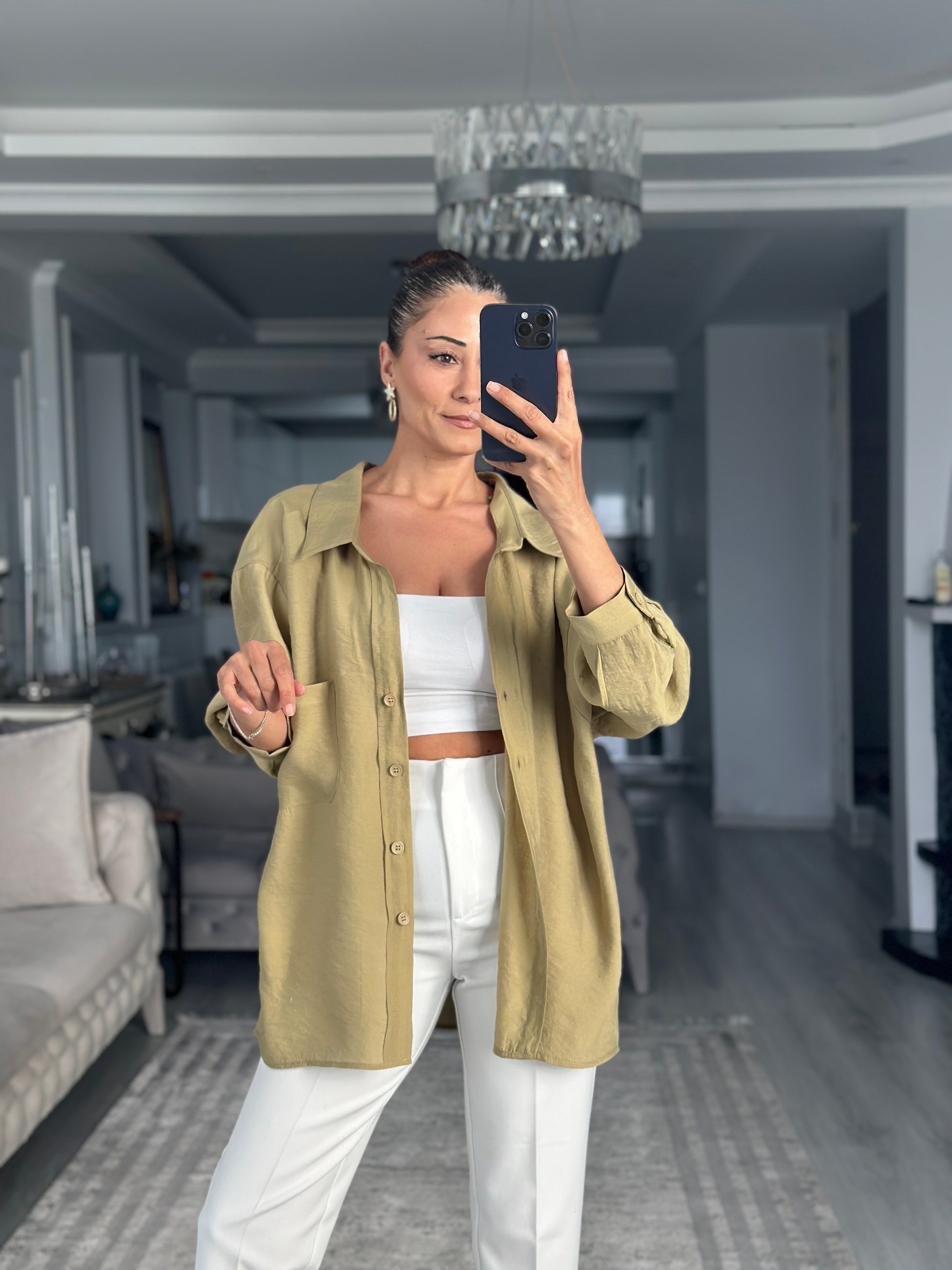 Yağ Yeşili Düşük Omuzlu Oversize Kadın Gömlek