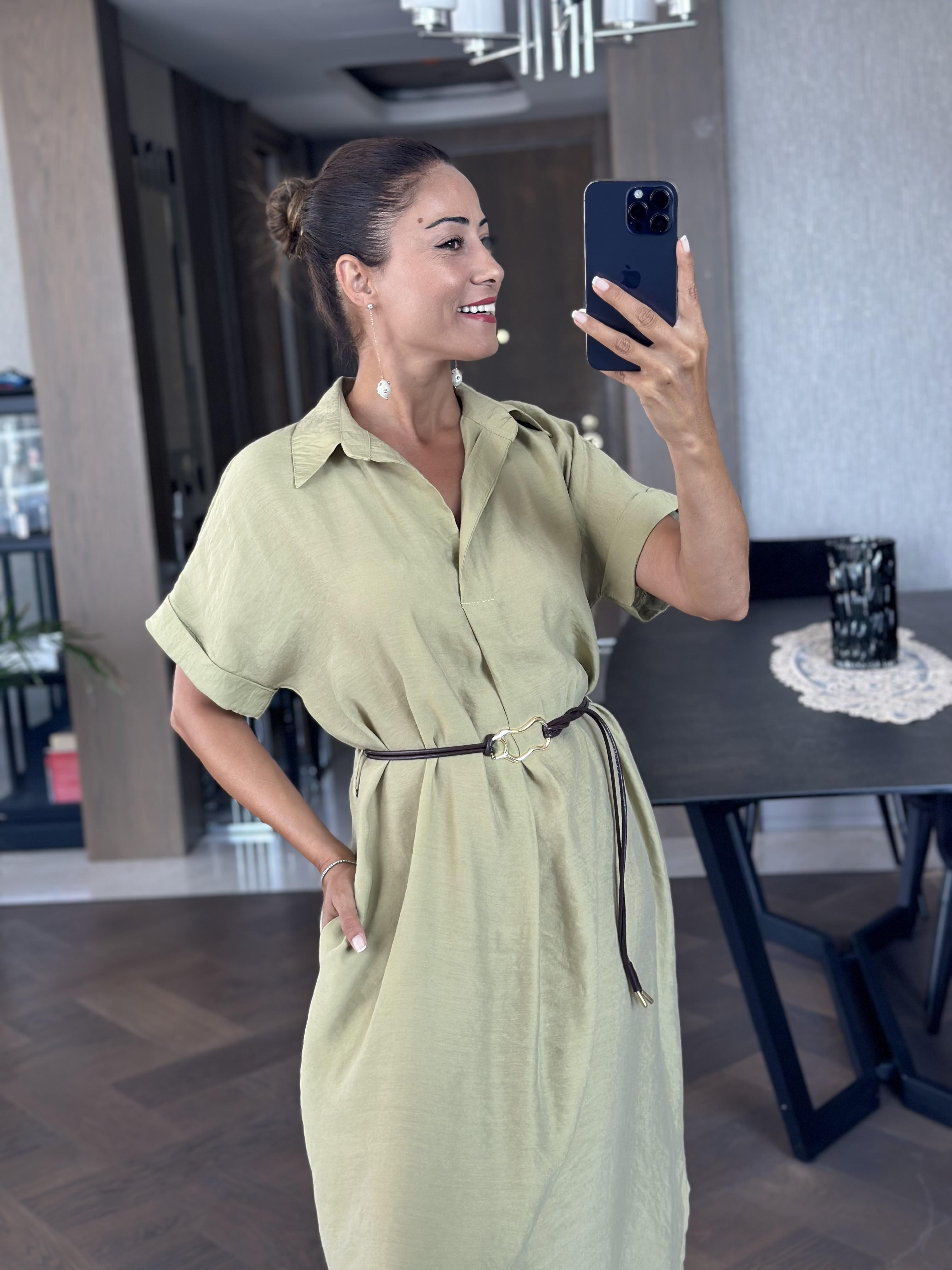 Yağ Yeşili Masimo Gömlek Yaka Çift Yırtmaçlı Midi Boy Tnsel Kadın Gömlek Elbise 