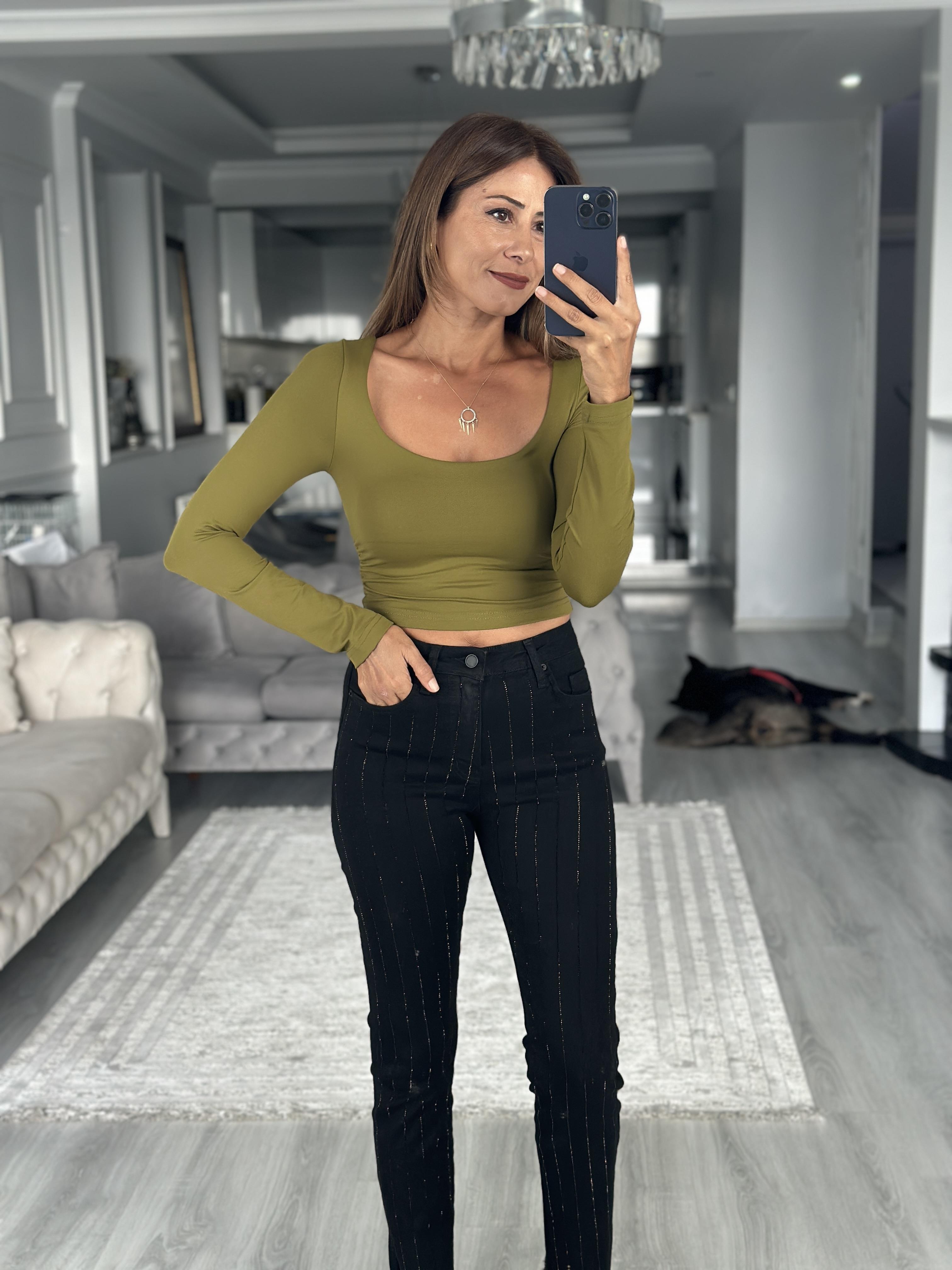 Yağ Yeşili Uzun Kol Yanları Büzgülü U Yaka Kadın Body