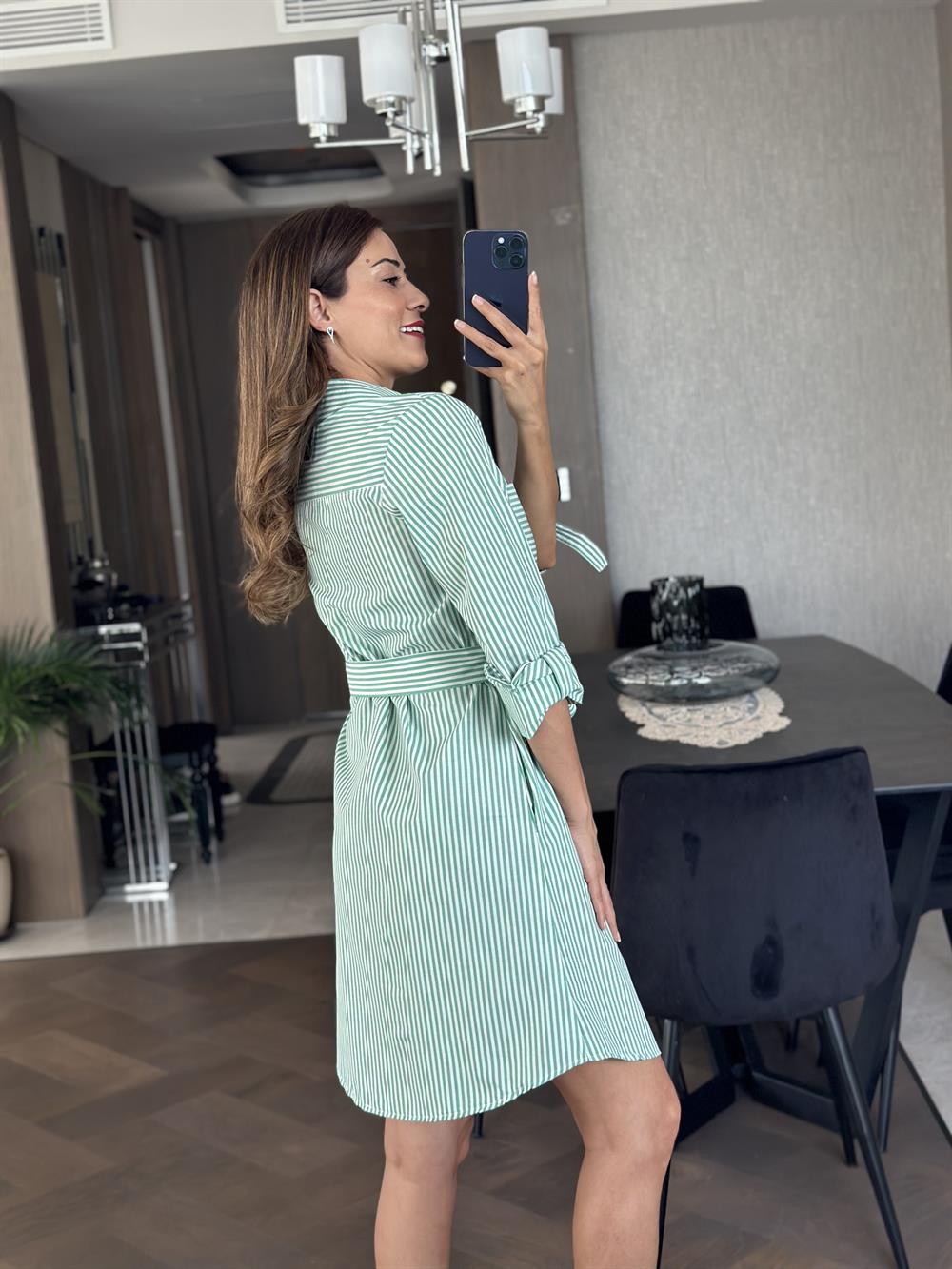 Yeşil Çizgili Kuşaklı Poplin Kadın Gömlek Elbise