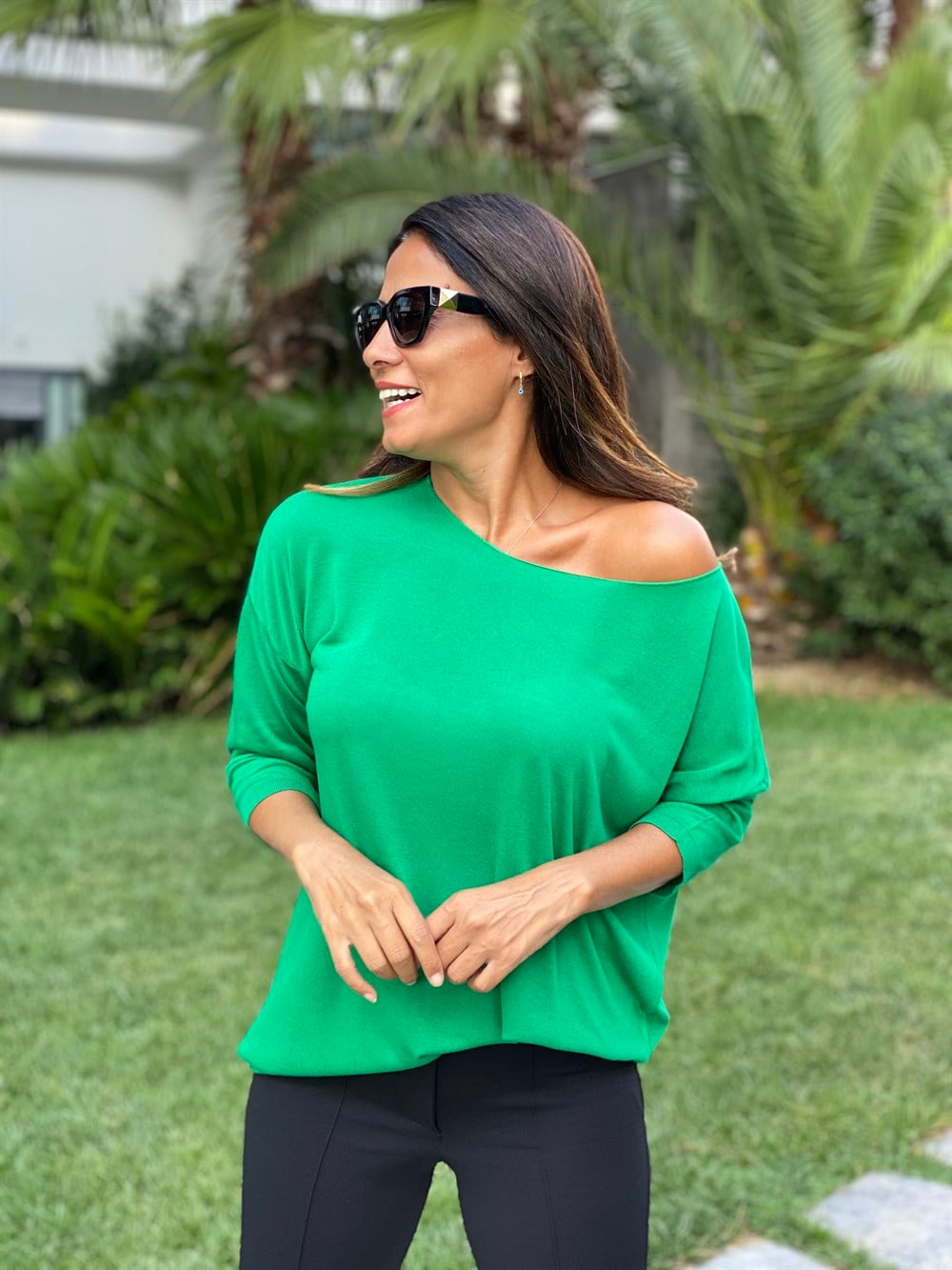 Yeşil Düz Merserize Kadın Bluz