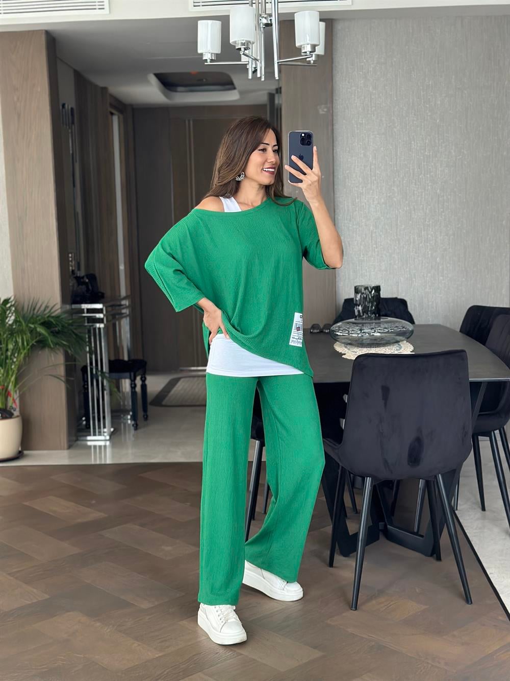 Yeşil Geniş Paça Armalı Bürümcük Üçlü Kadın Takım