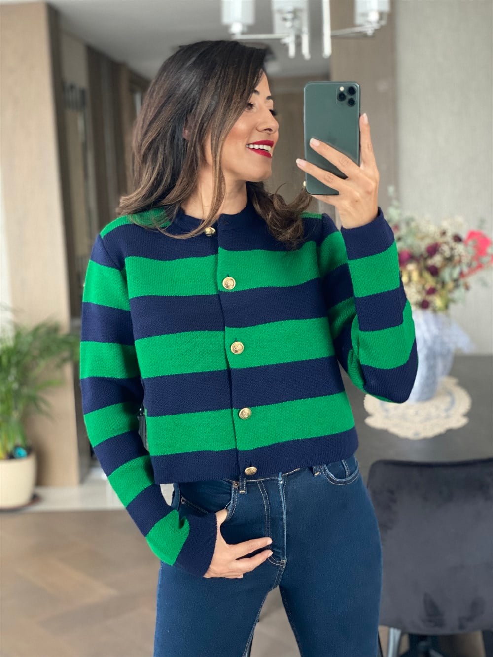 Yeşil Lacivert Kalın Çizgili Pike Örgü Önü Düğmeli Kadın Hırka