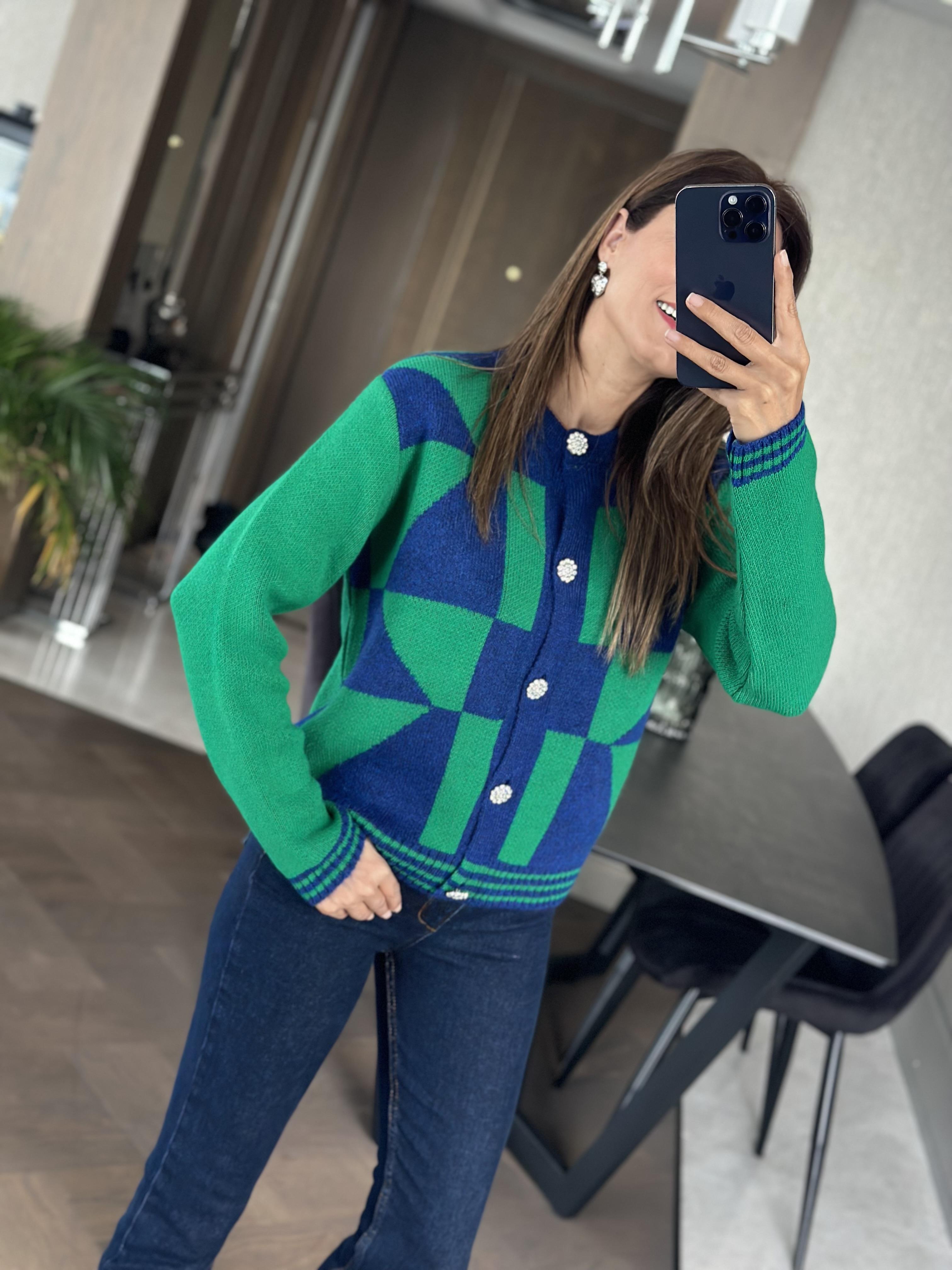 Yeşil Lacivert Taş Düğmeli Kadın Triko Hırka