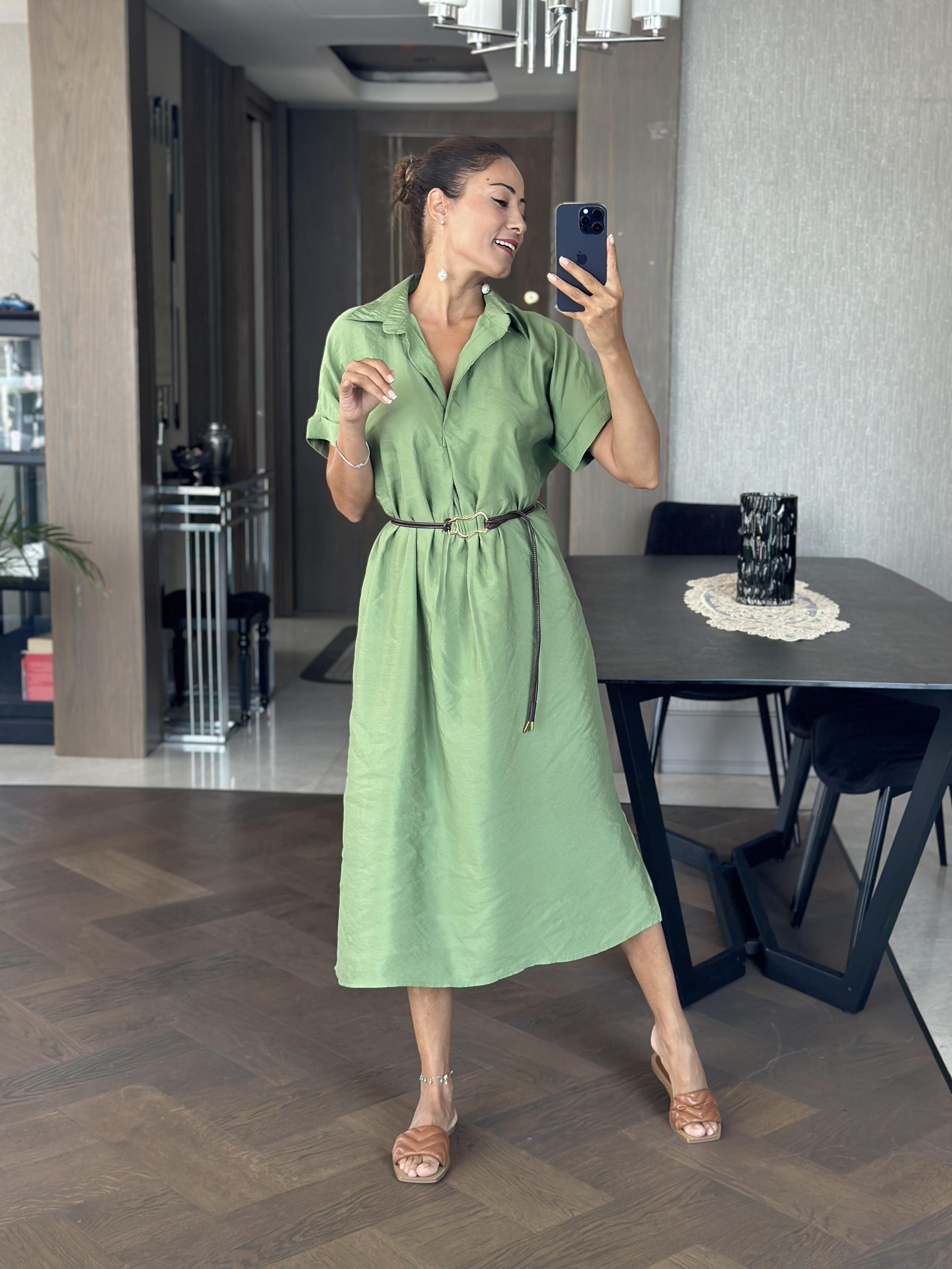 Yeşil Masimo Gömlek Yaka Çift Yırtmaçlı Midi Boy Tnsel Kadın Gömlek Elbise 