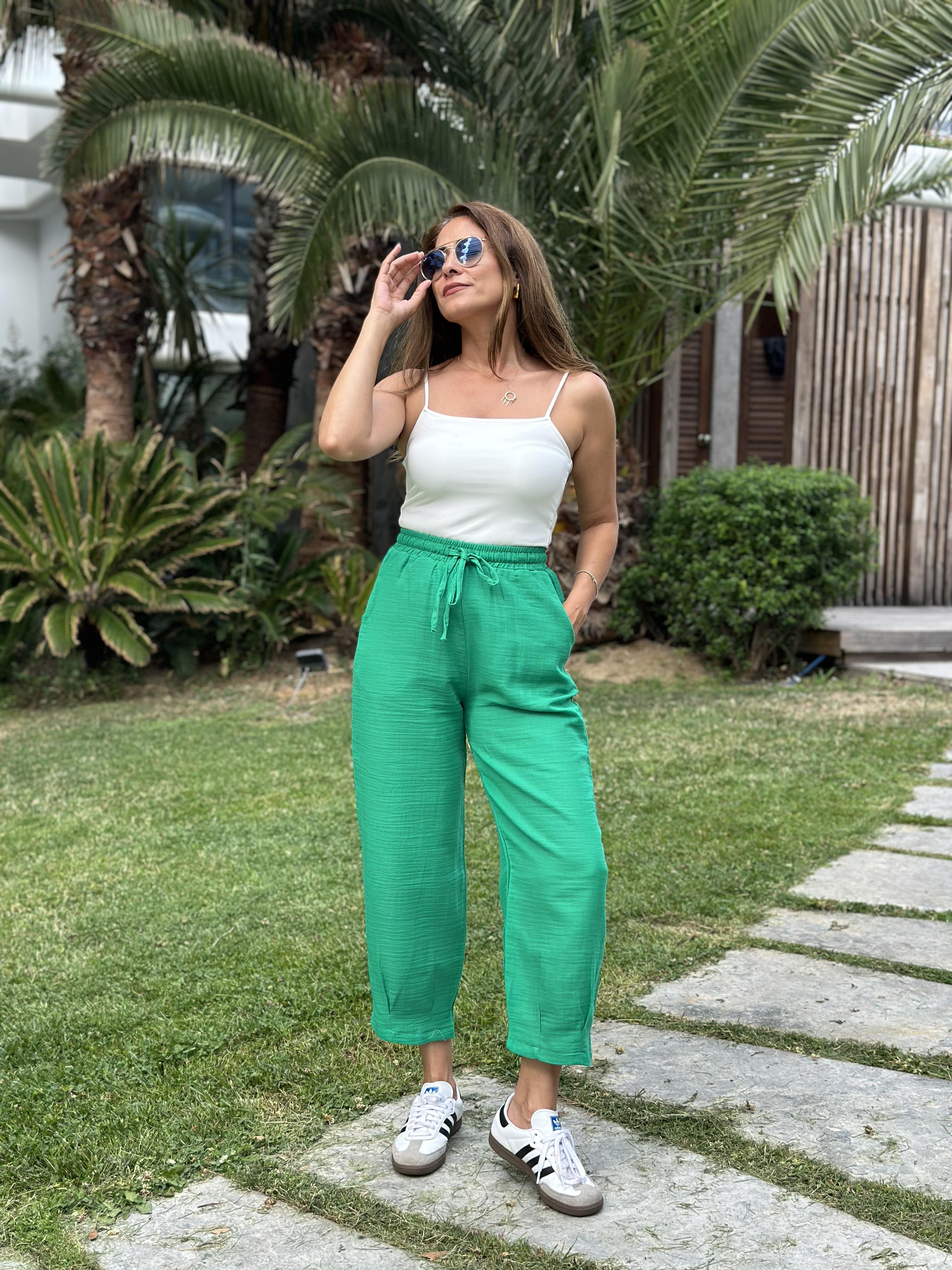 Yeşil Müslin Paça Pensli Kadın Pantolon