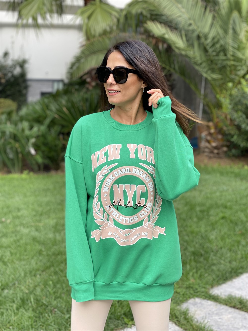 Yeşil New York Bisiklet Yaka İki İplik Kadın Sweatshirt