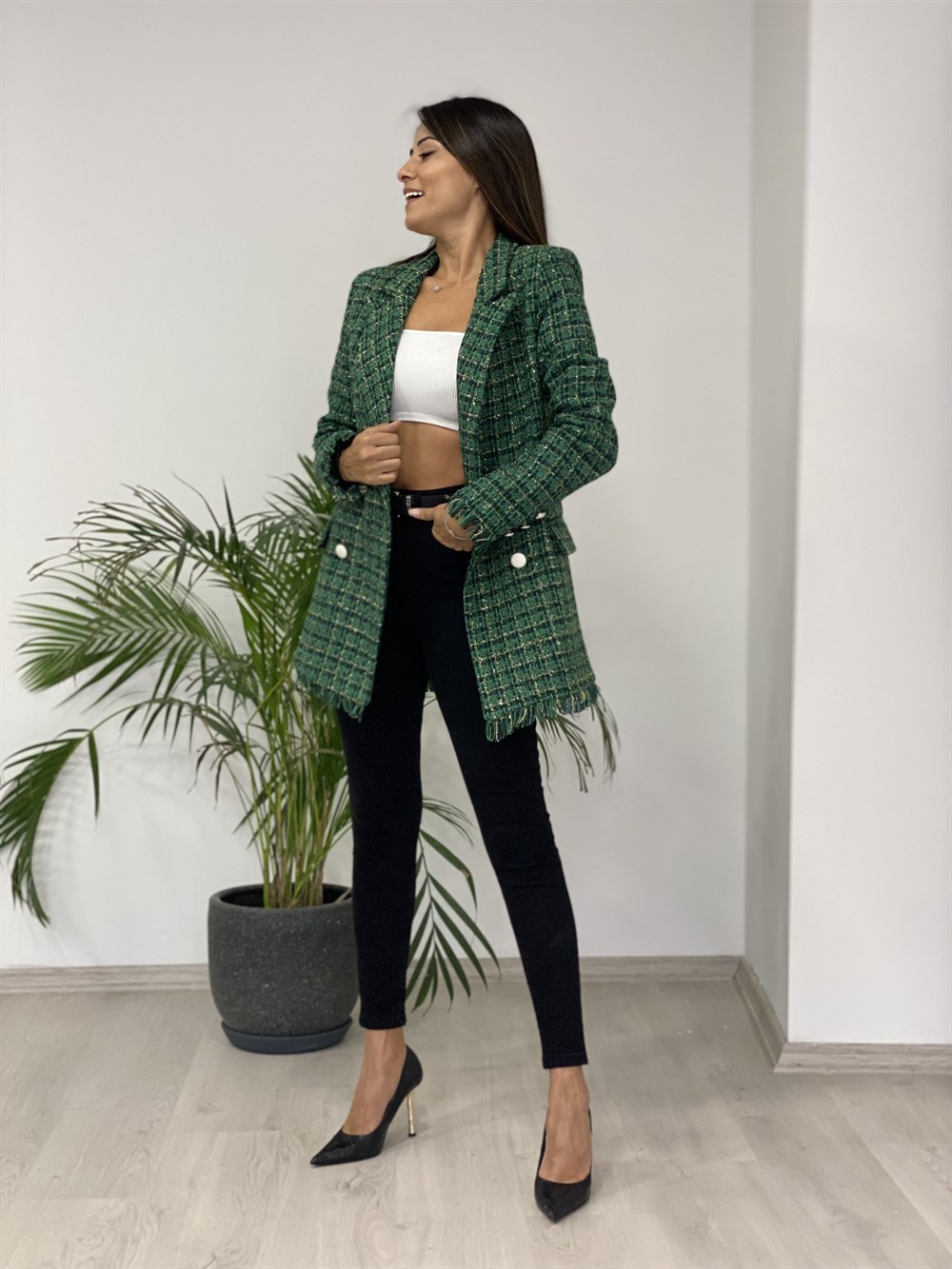 Yeşil Simli Eteği Püsküllü Tüvit Kadın Ceket