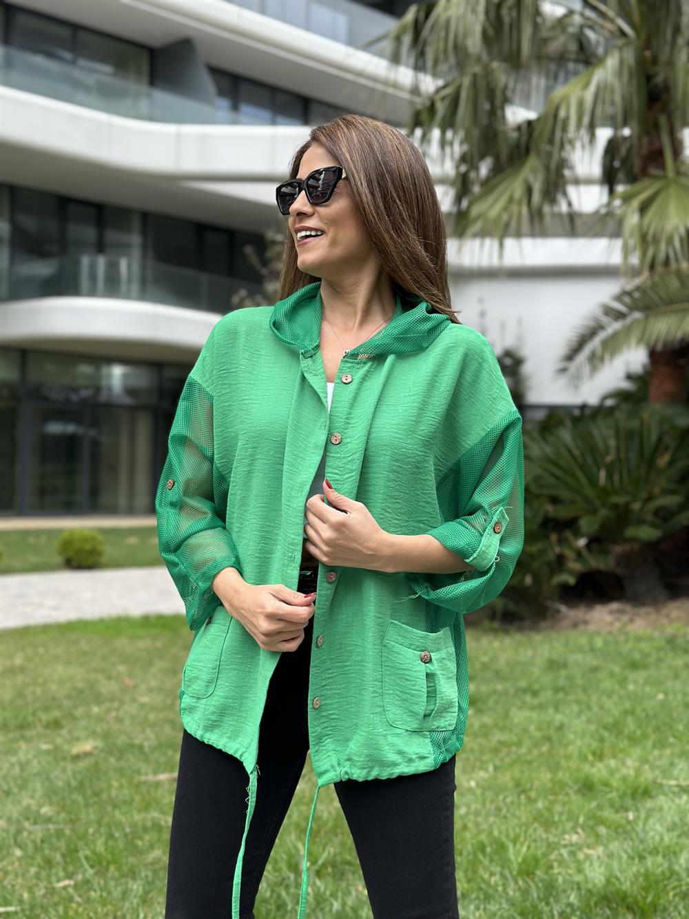 Yeşil Yan File Kapüşonlu Keten Aerobin Kadın Ceket