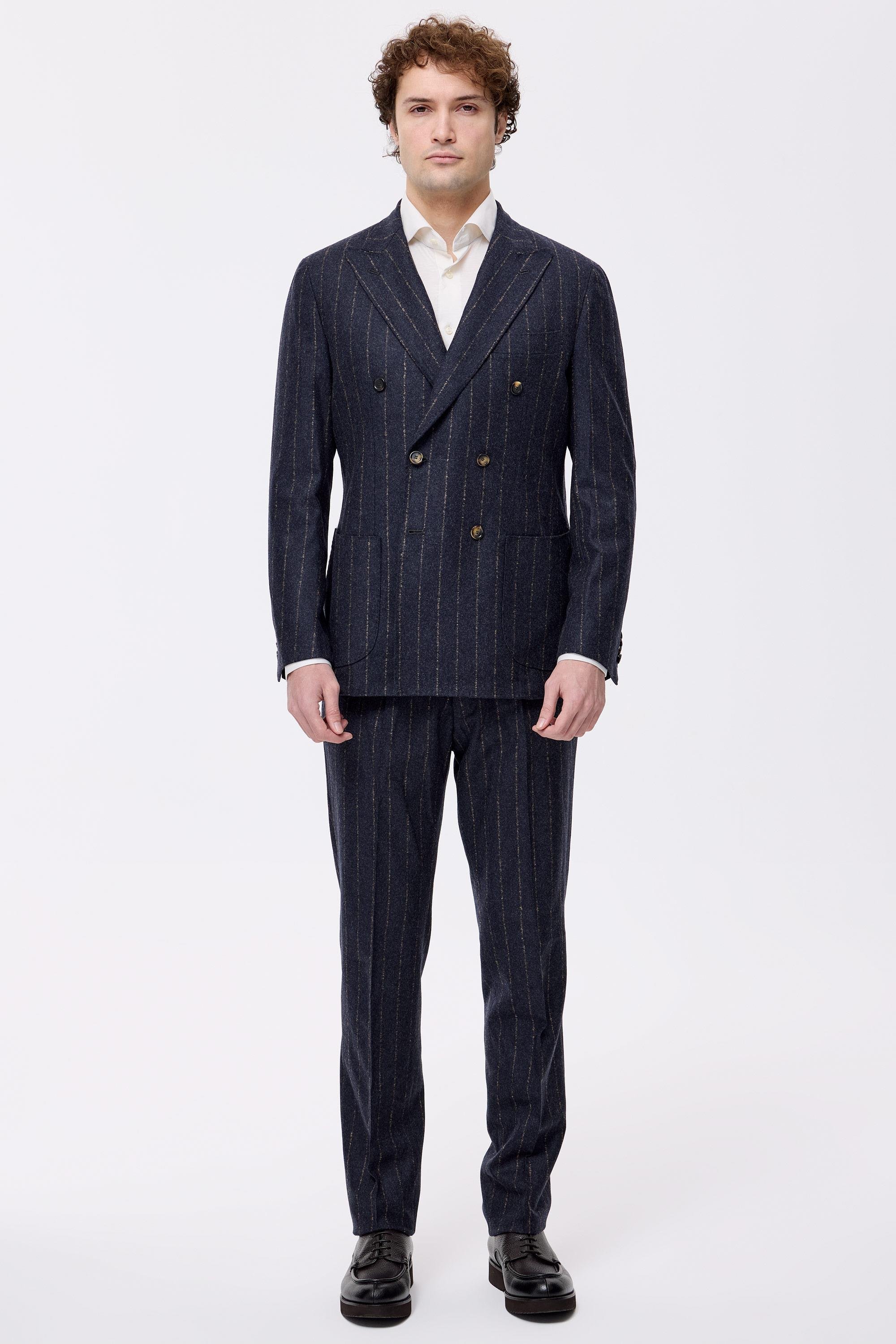 Antrasit Bej Çizgili Yün Kaşmir Kruvaze Takım Elbise