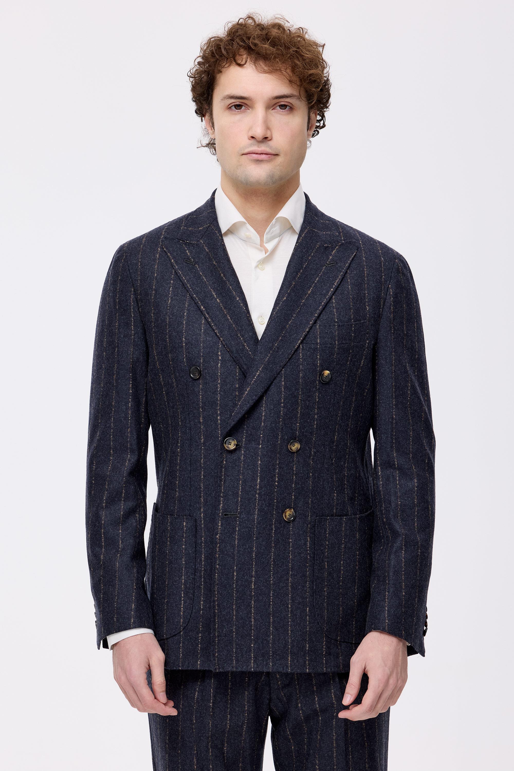 Antrasit Bej Çizgili Yün Kaşmir Kruvaze Takım Elbise