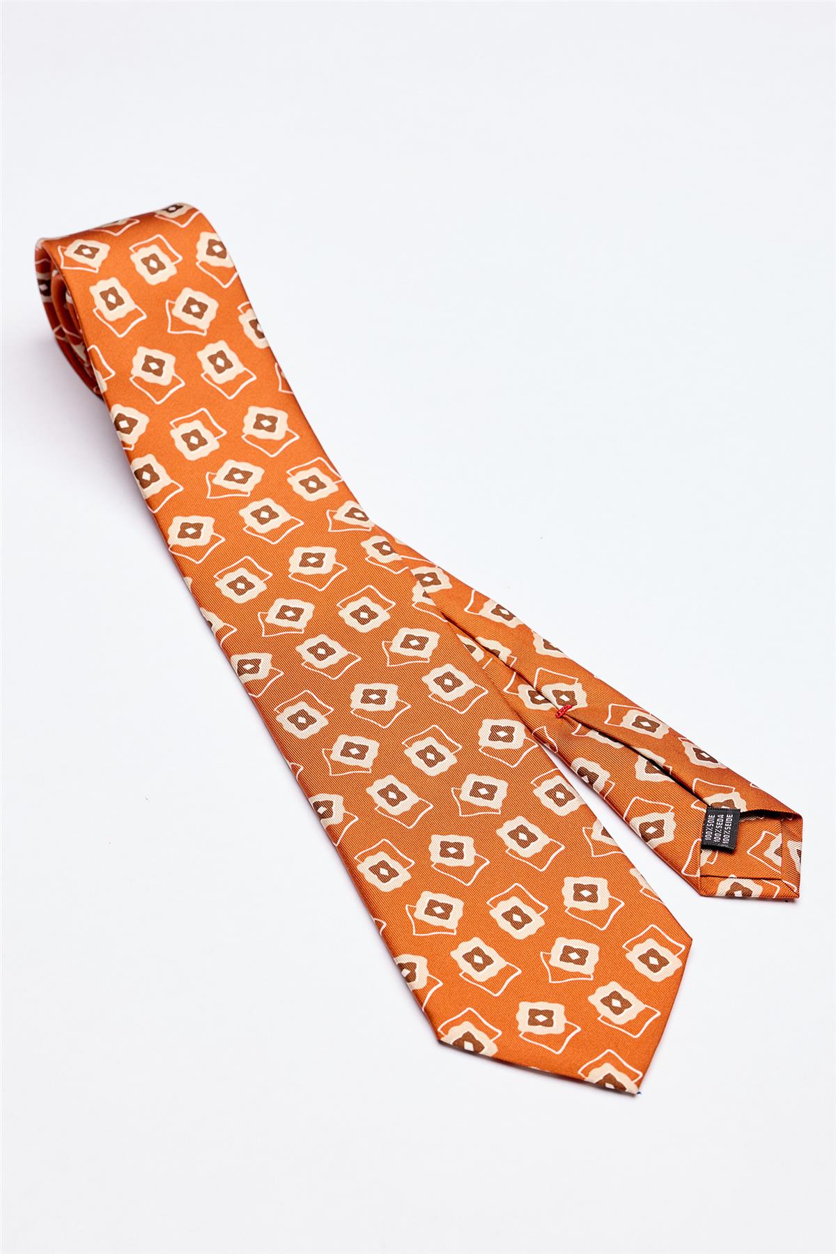 Bakır Kahve Desenli 7 Fold İpek Kravat