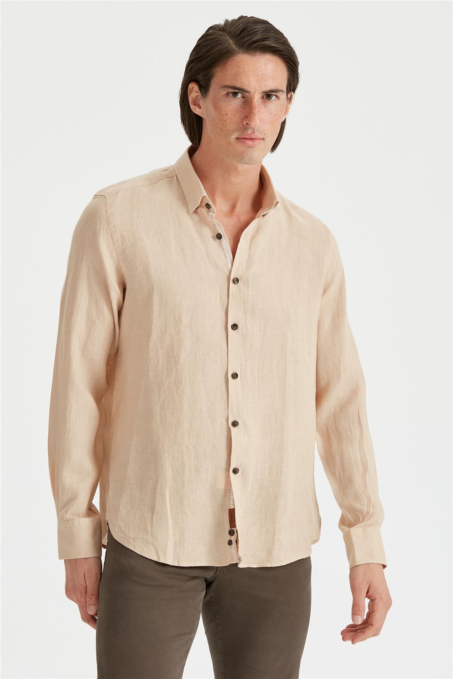 Bej Erkek Keten Gömlek