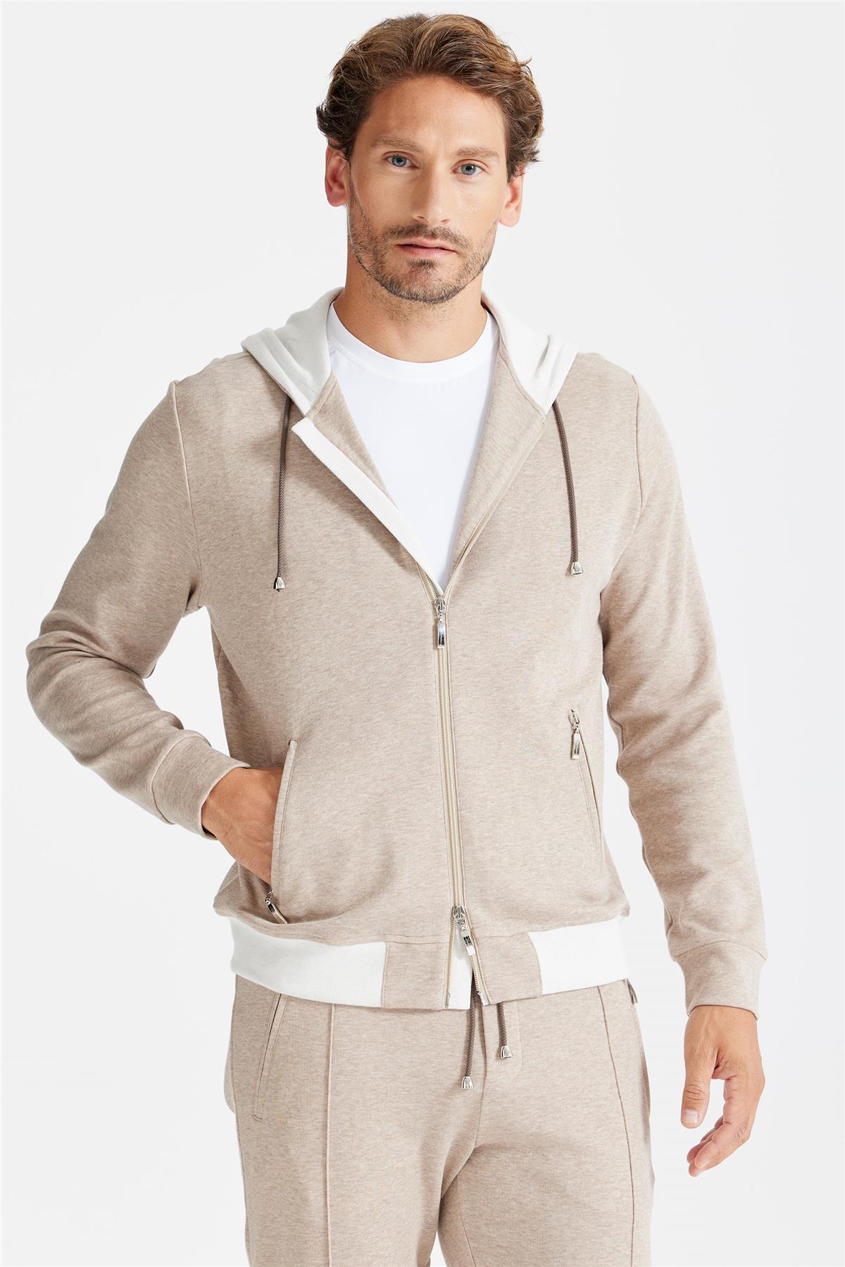 Bej Pamuk Kapüşonlu Eşofman Takımı