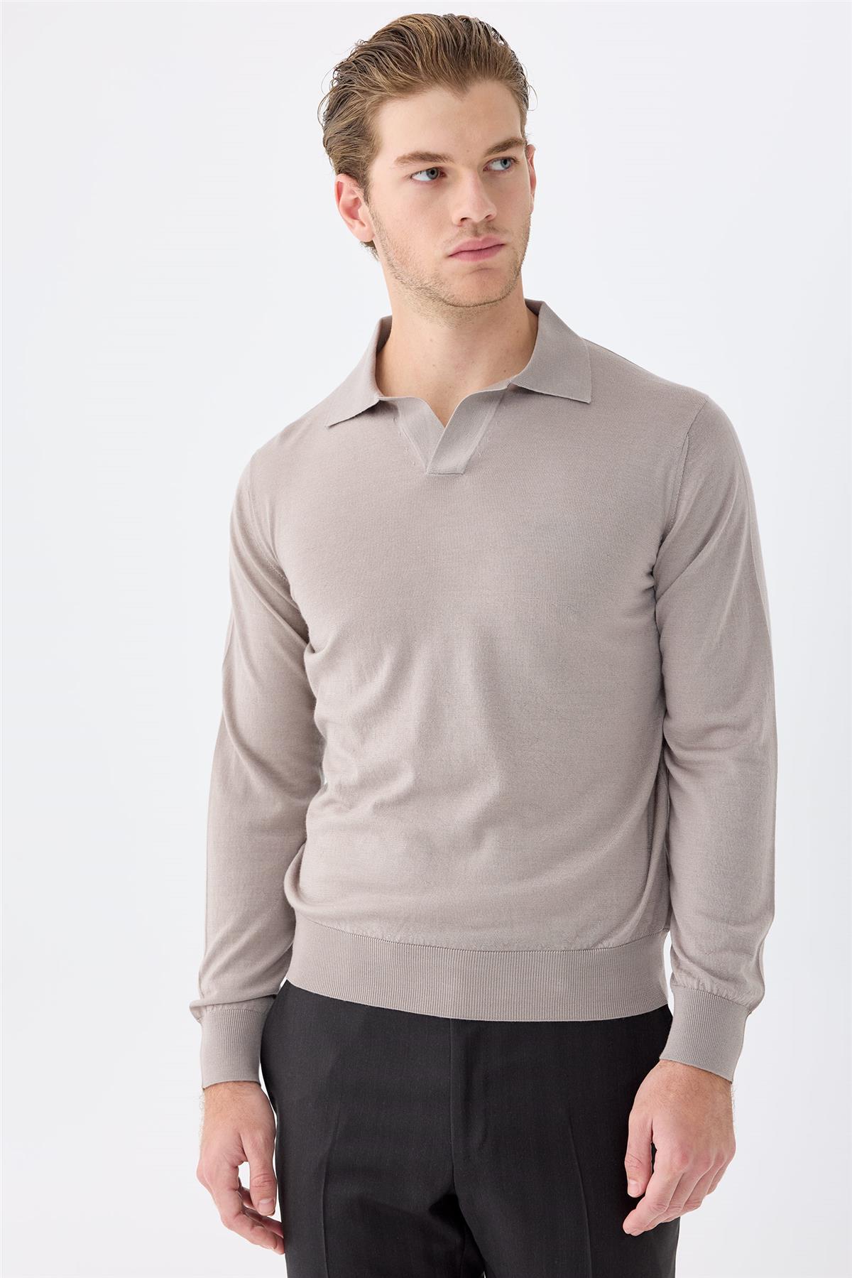 Bej Polo Yaka Yün İpek Kaşmir Triko