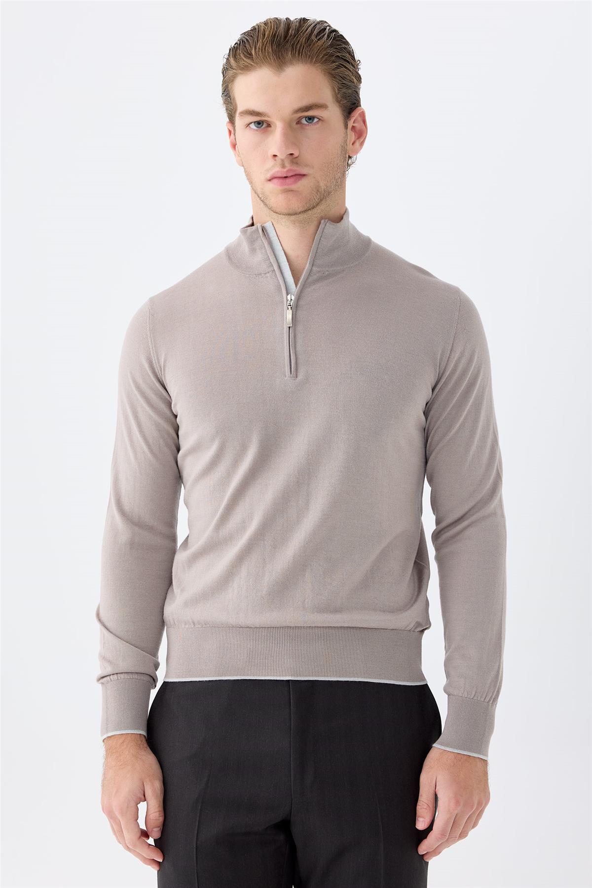 Bej Trio Yaka Yün İpek Kaşmir Triko