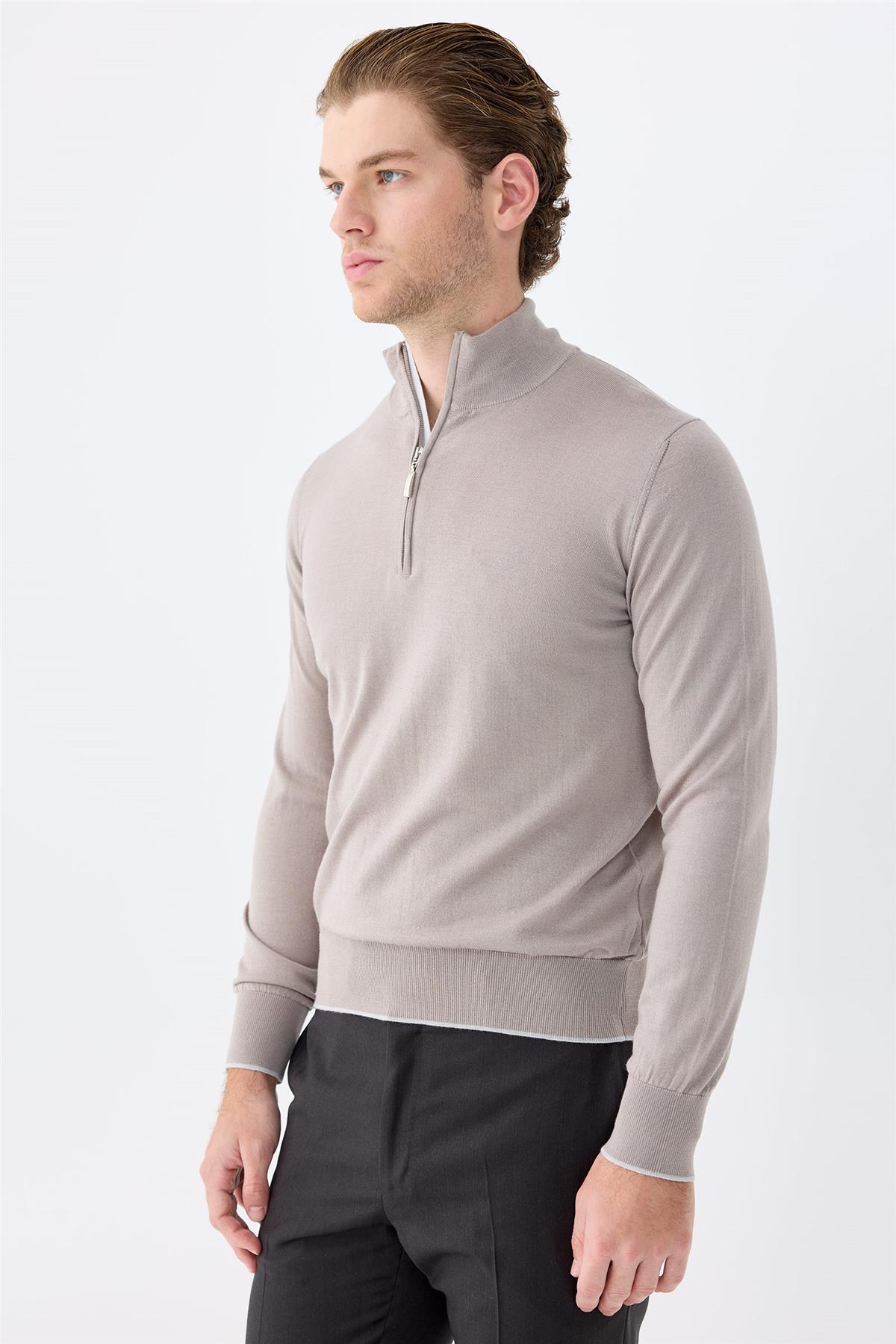 Bej Trio Yaka Yün İpek Kaşmir Triko