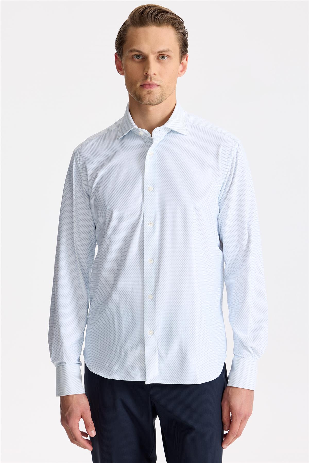 Beyaz Mavi Desenli Teknik Gömlek