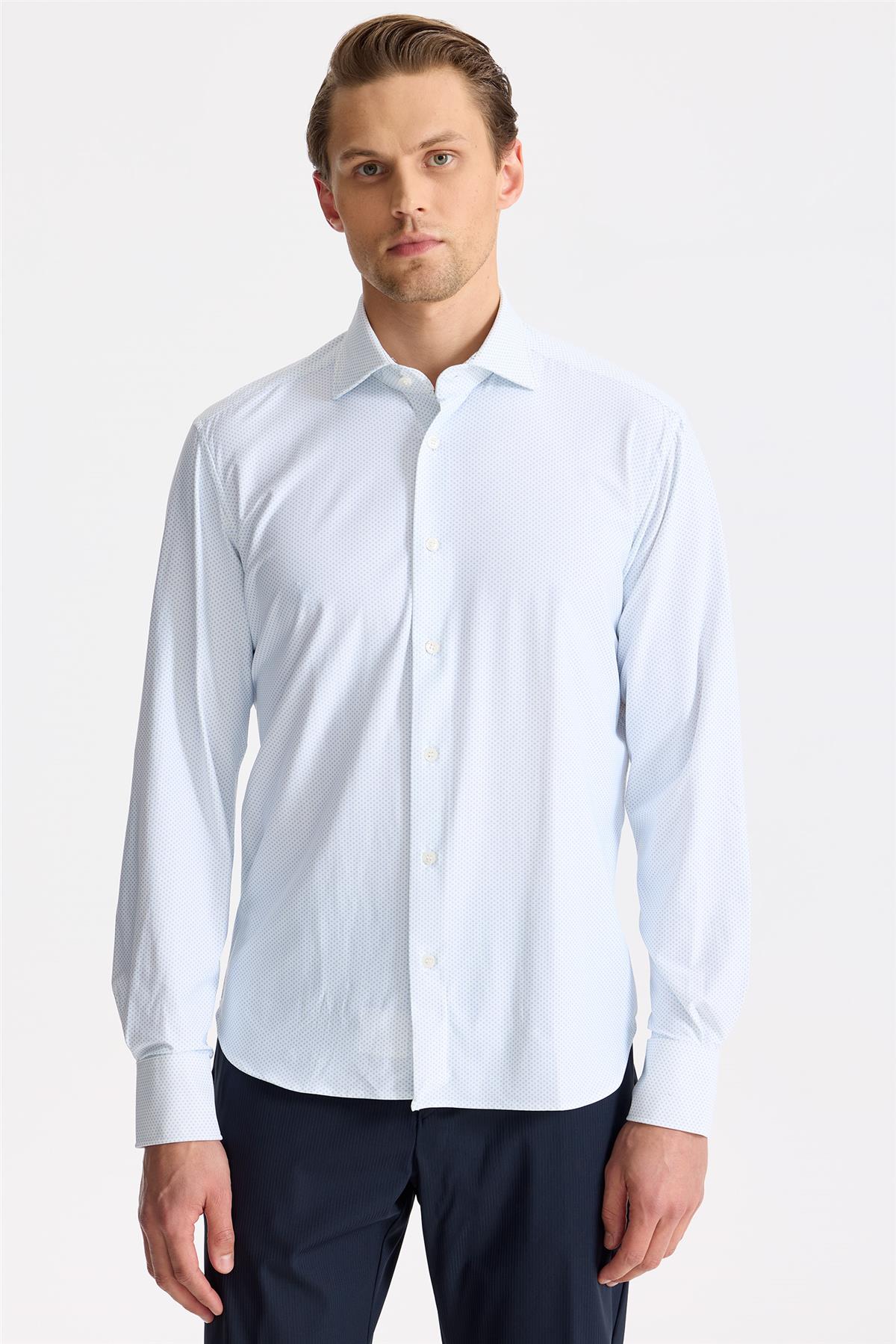 Beyaz Mavi Desenli Teknik Gömlek