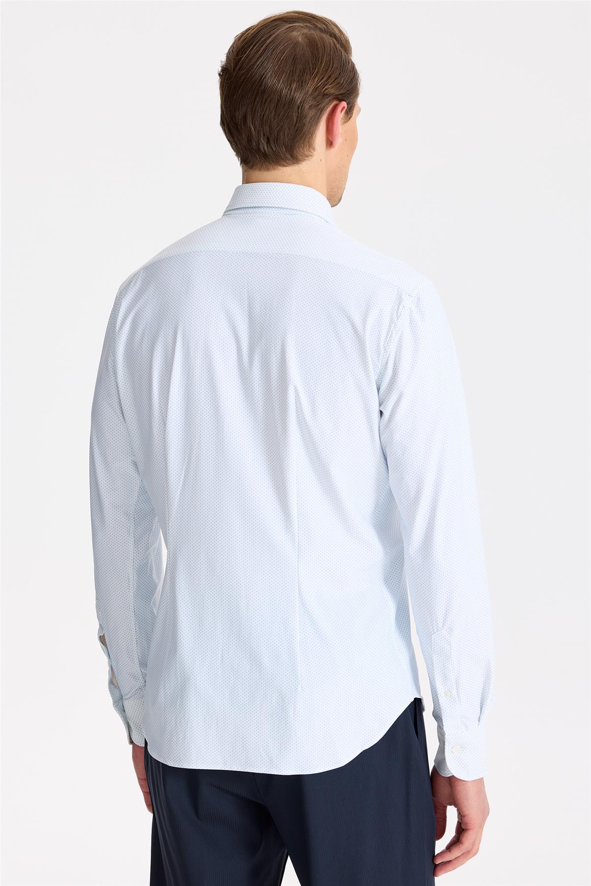 Beyaz Mavi Desenli Teknik Gömlek