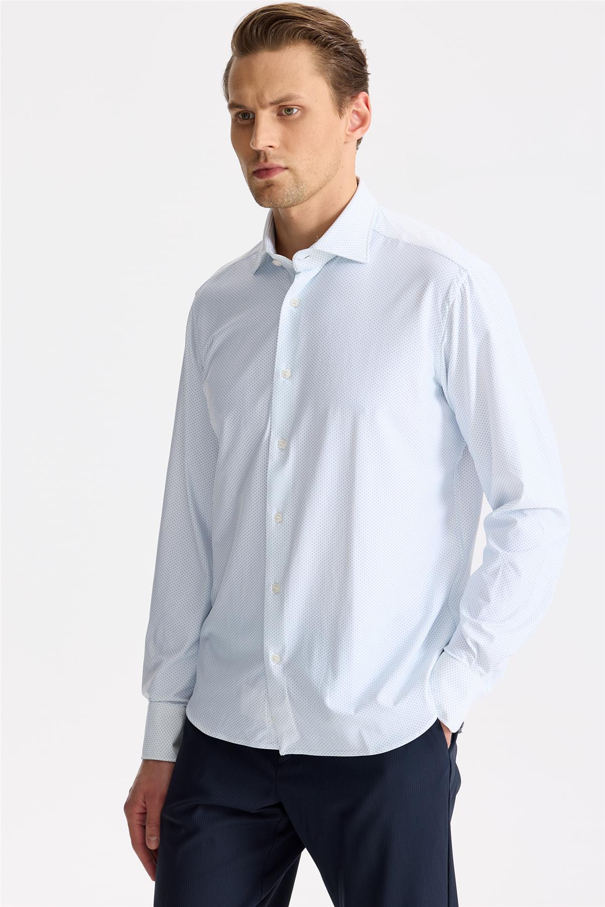 Beyaz Mavi Desenli Teknik Gömlek