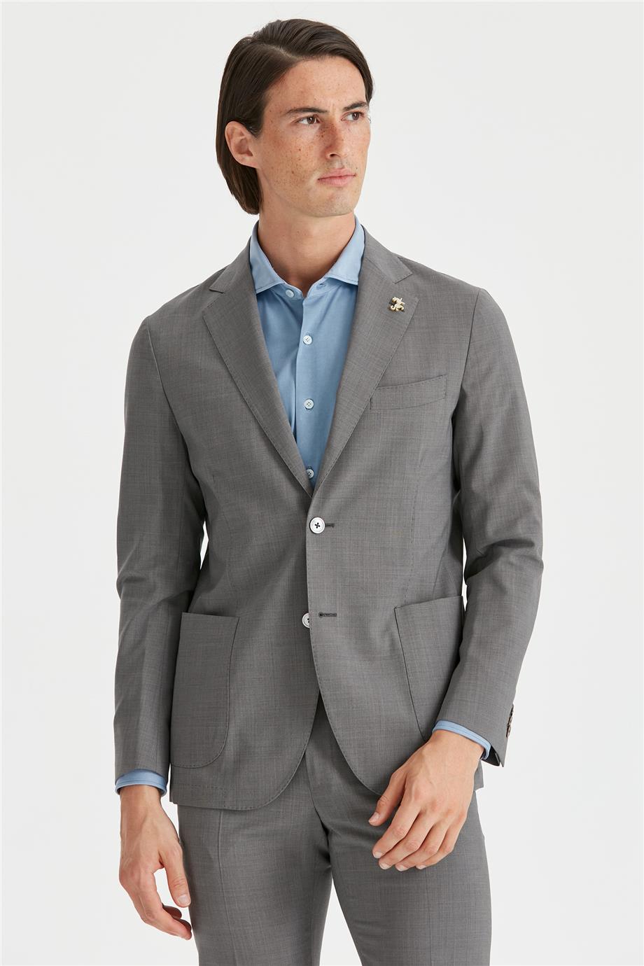 Gri Astarsız Yün Takım Elbise