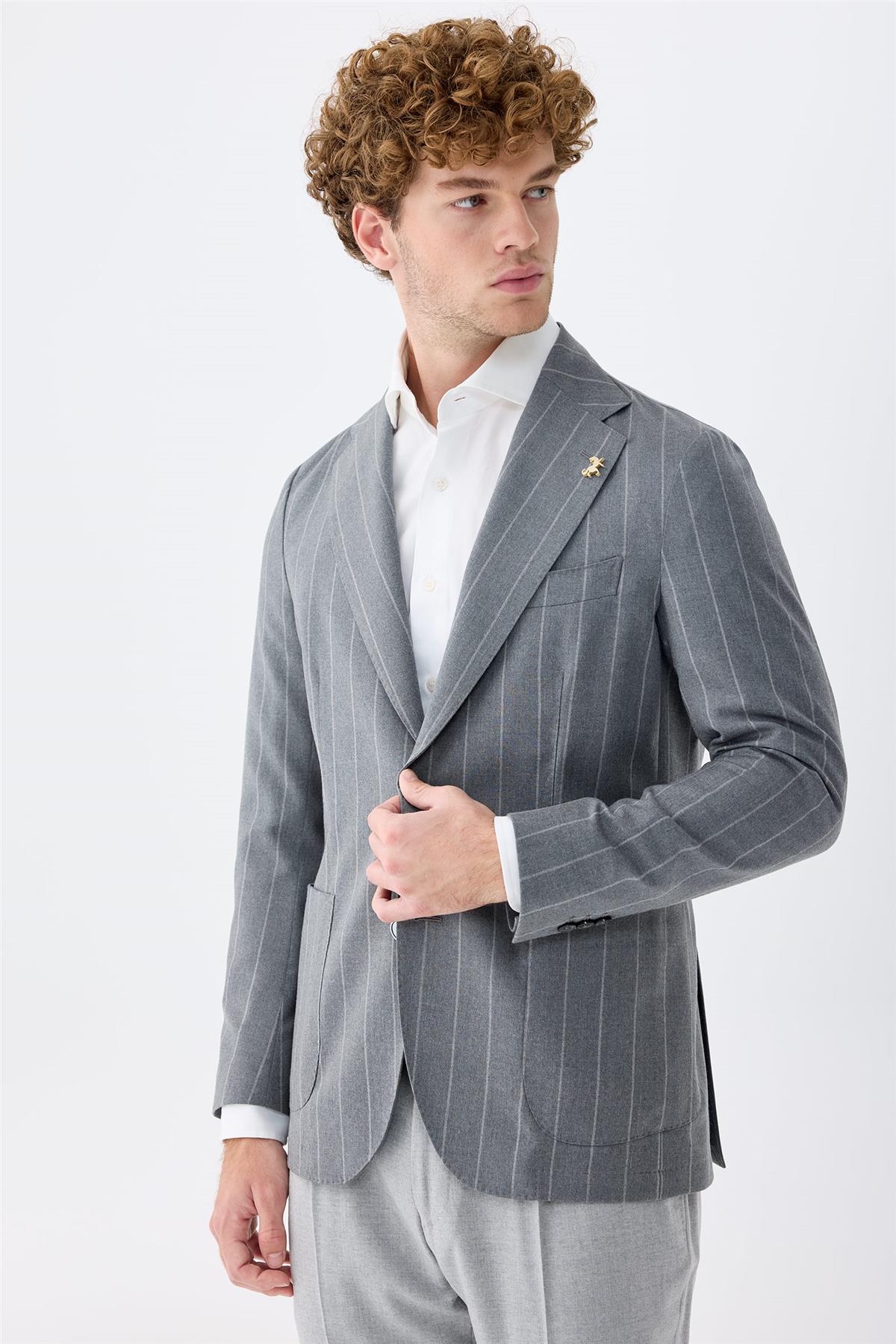 Gri Çizgili Yün Ceket