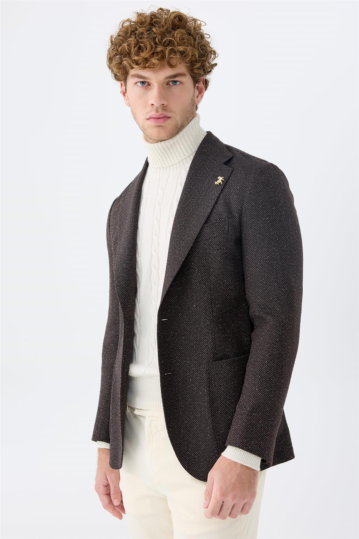 Kahverengi Alpaka Yün İpek Ceket 