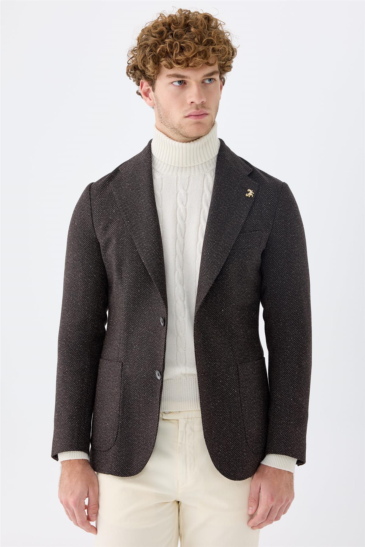 Kahverengi Alpaka Yün İpek Ceket 