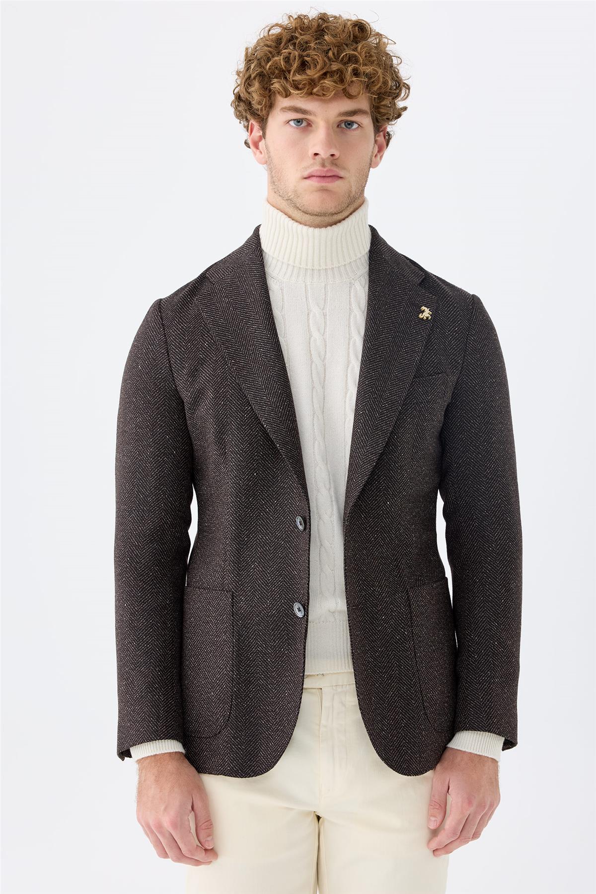 Kahverengi Alpaka Yün İpek Ceket 