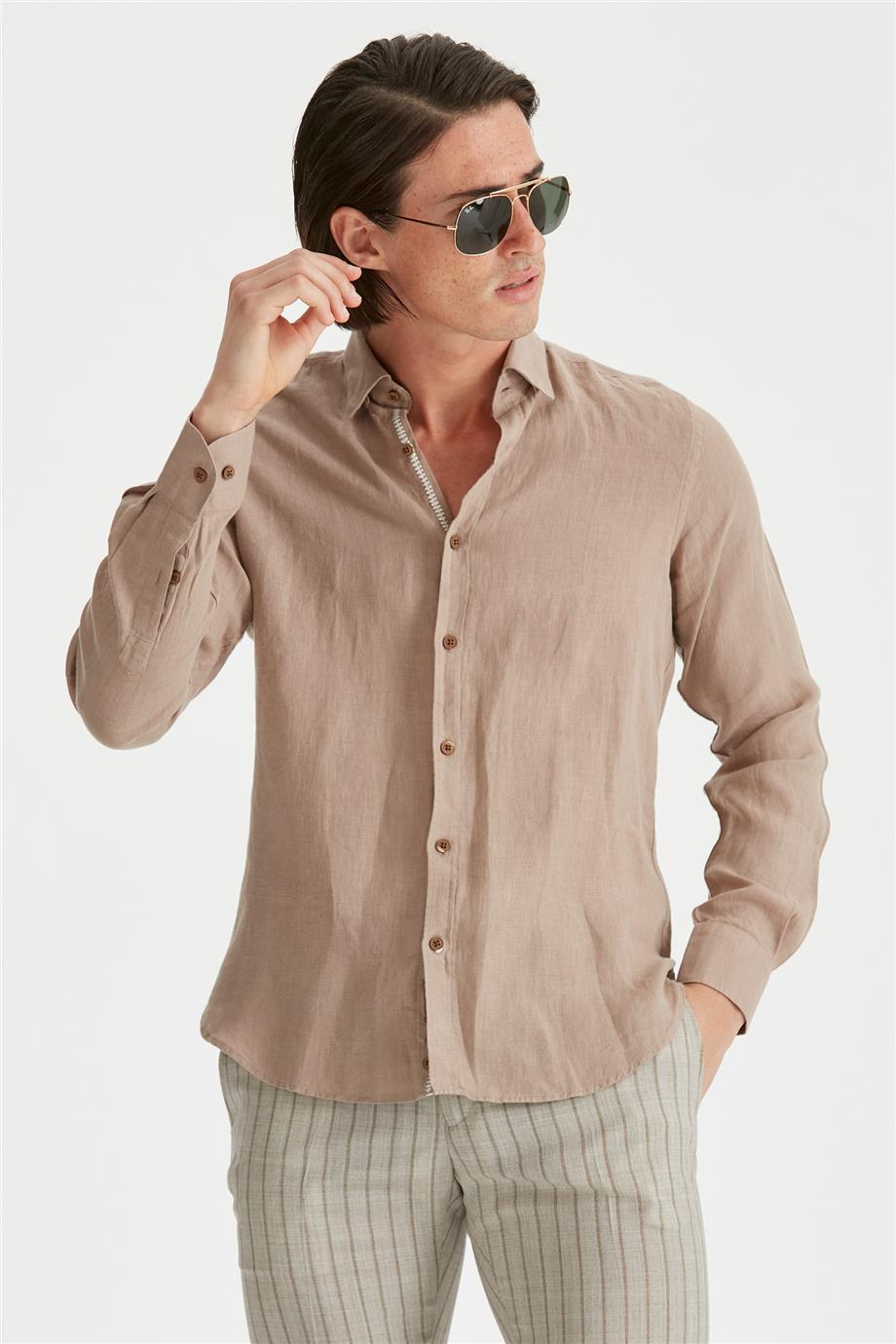 Kahverengi Erkek Keten Gömlek