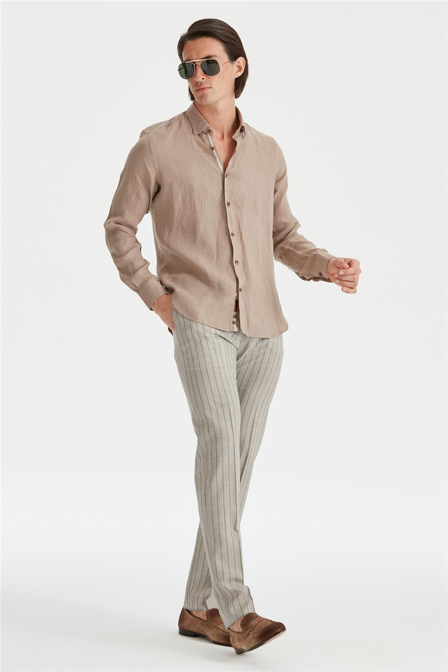 Kahverengi Erkek Keten Gömlek