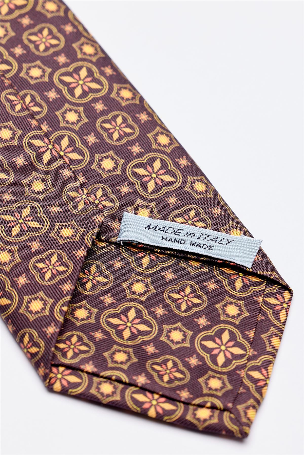 Kahverengi Hardal Desenli 7 Fold İpek Kravat