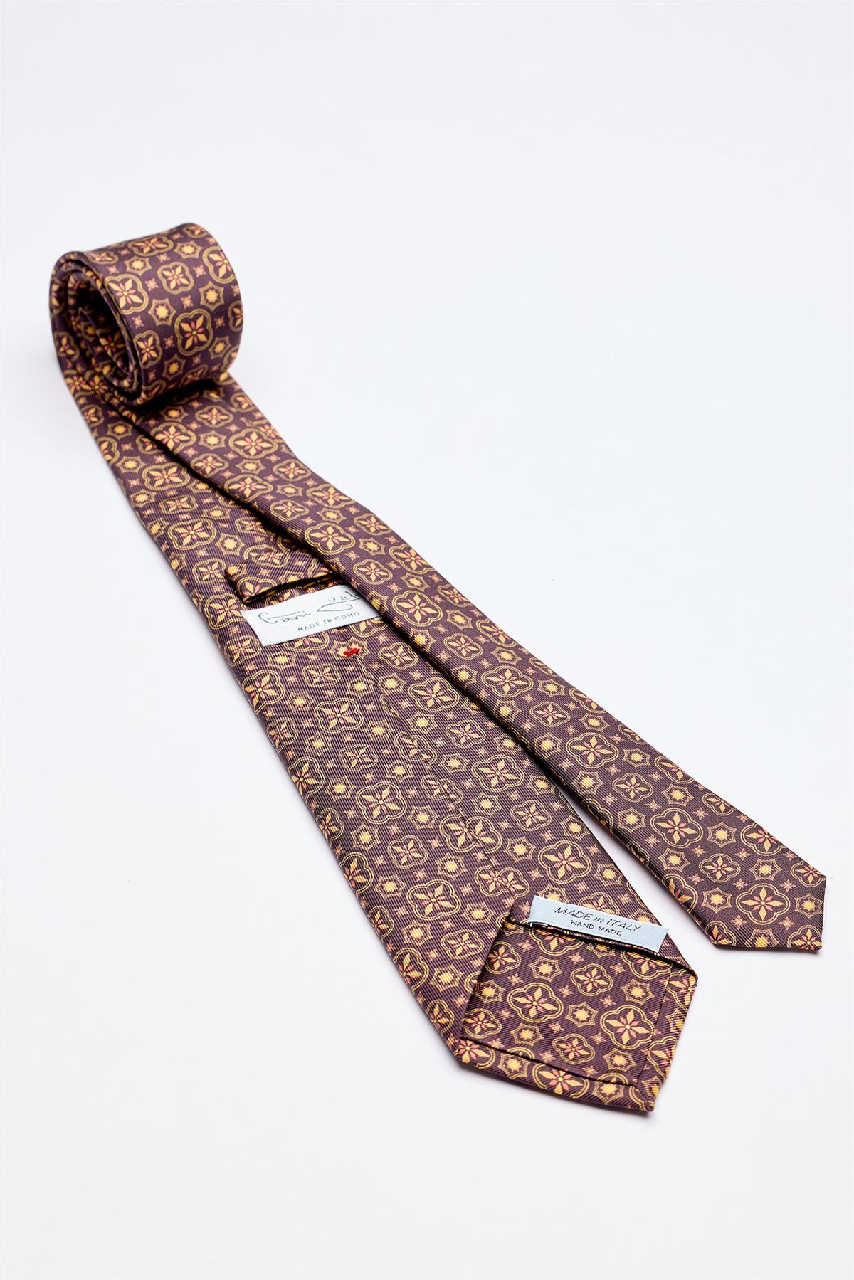 Kahverengi Hardal Desenli 7 Fold İpek Kravat