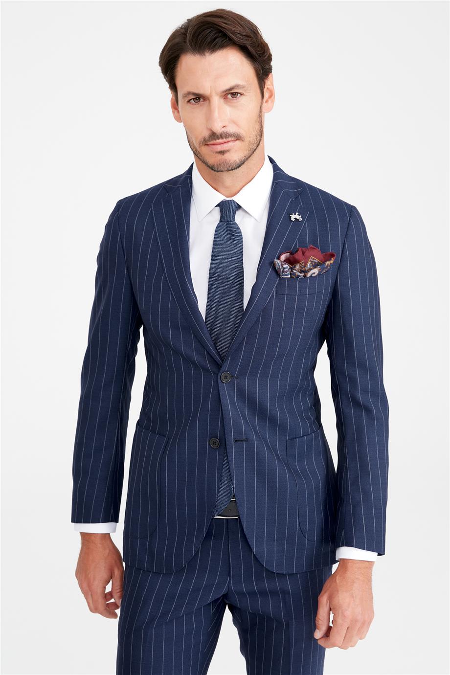 Koyu Mavi Çizgili Yün Takım Elibse