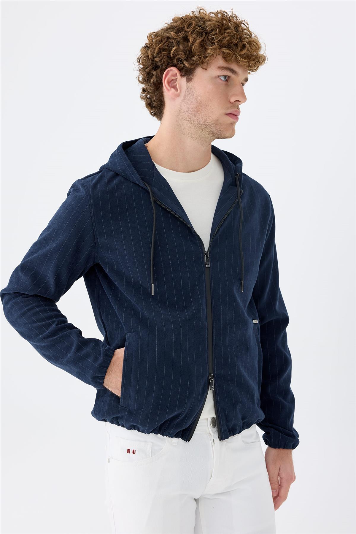 Lacivert Çizgili Running  Pamuk Mont