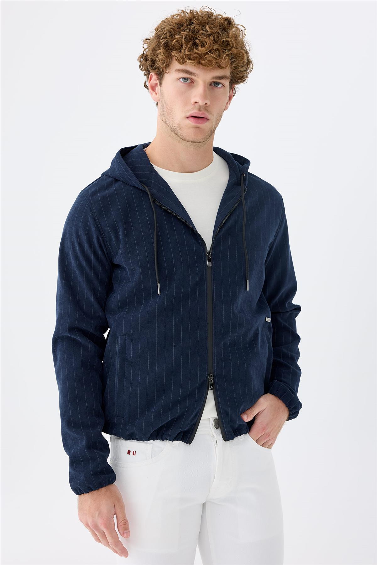 Lacivert Çizgili Running  Pamuk Mont