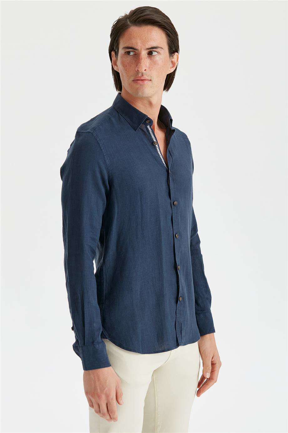 Lacivert Erkek Keten Gömlek