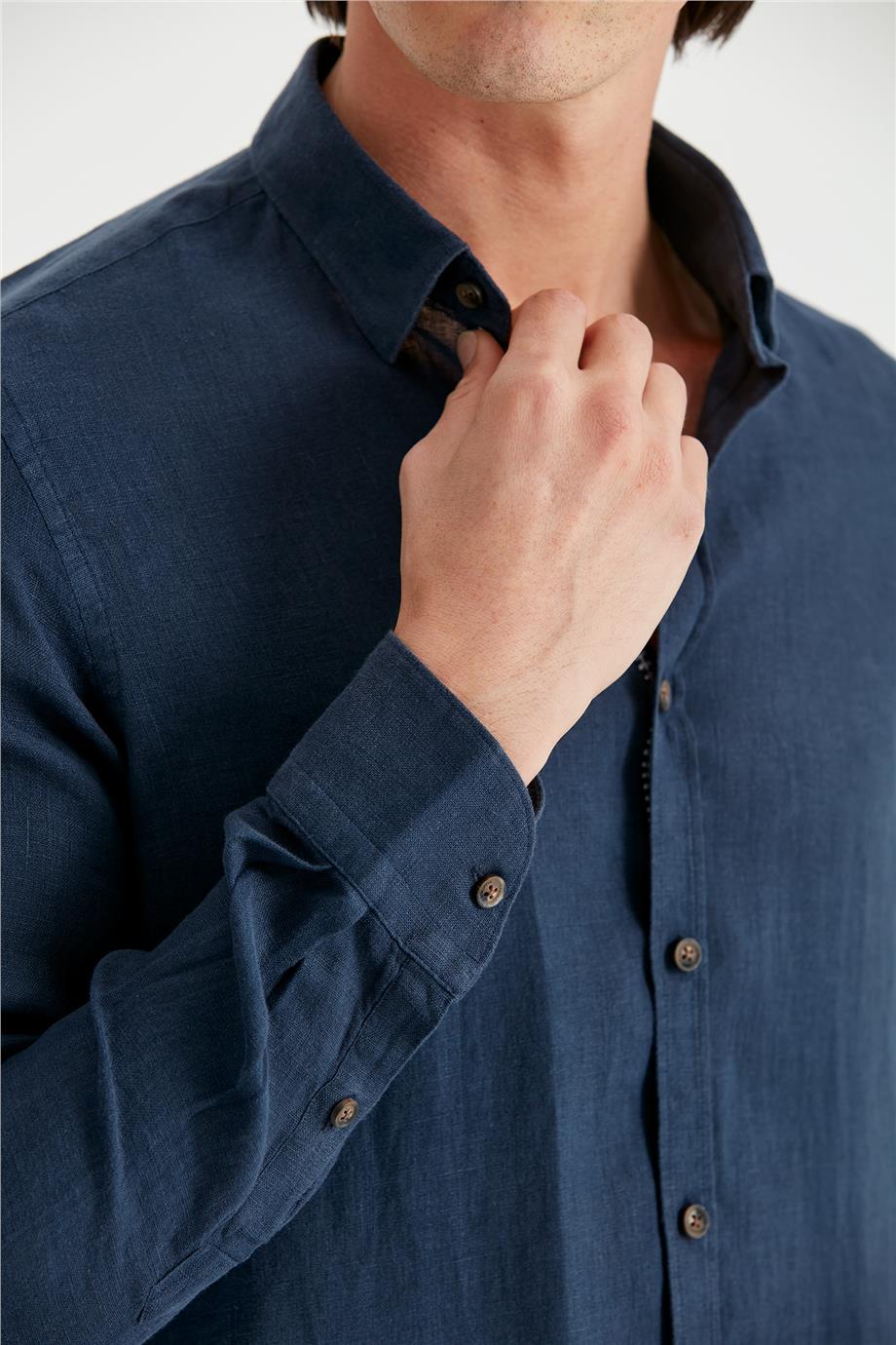 Lacivert Erkek Keten Gömlek