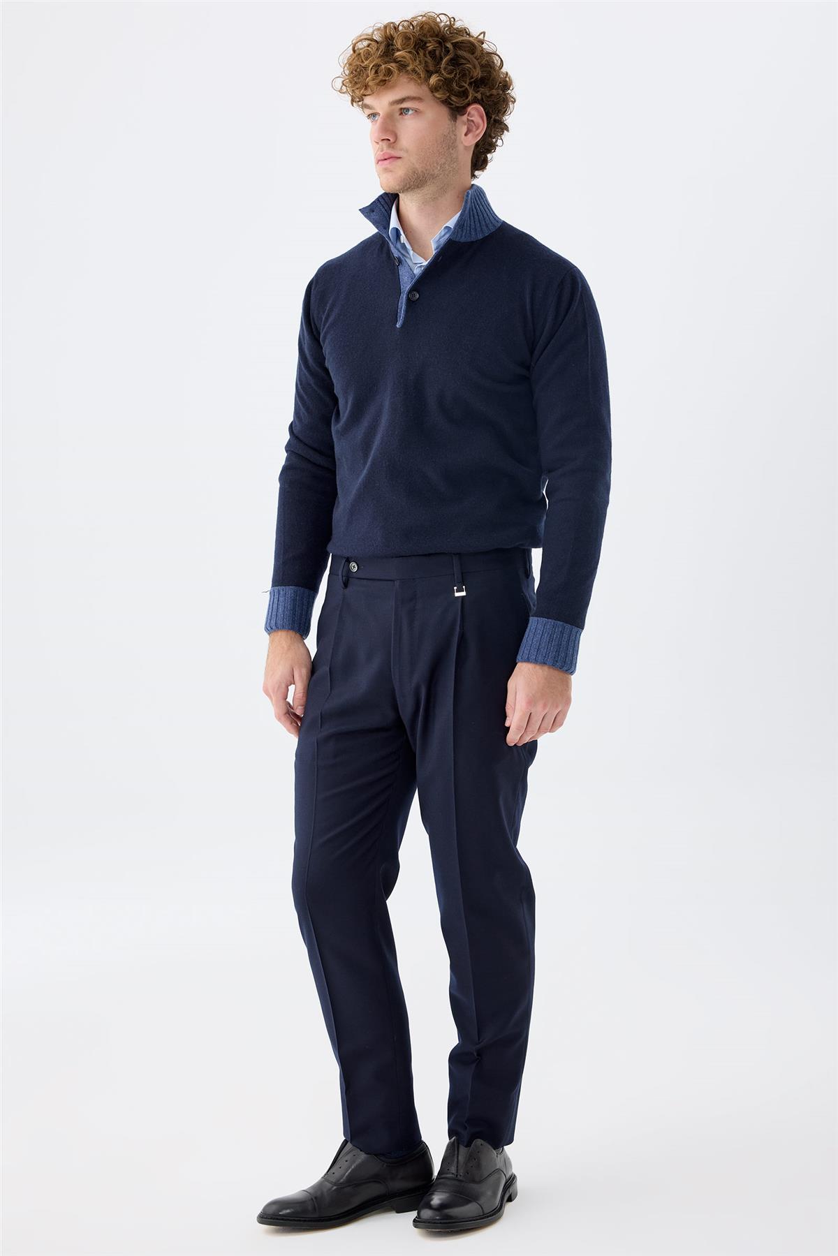 Lacivert Flanel Yün Pantolon