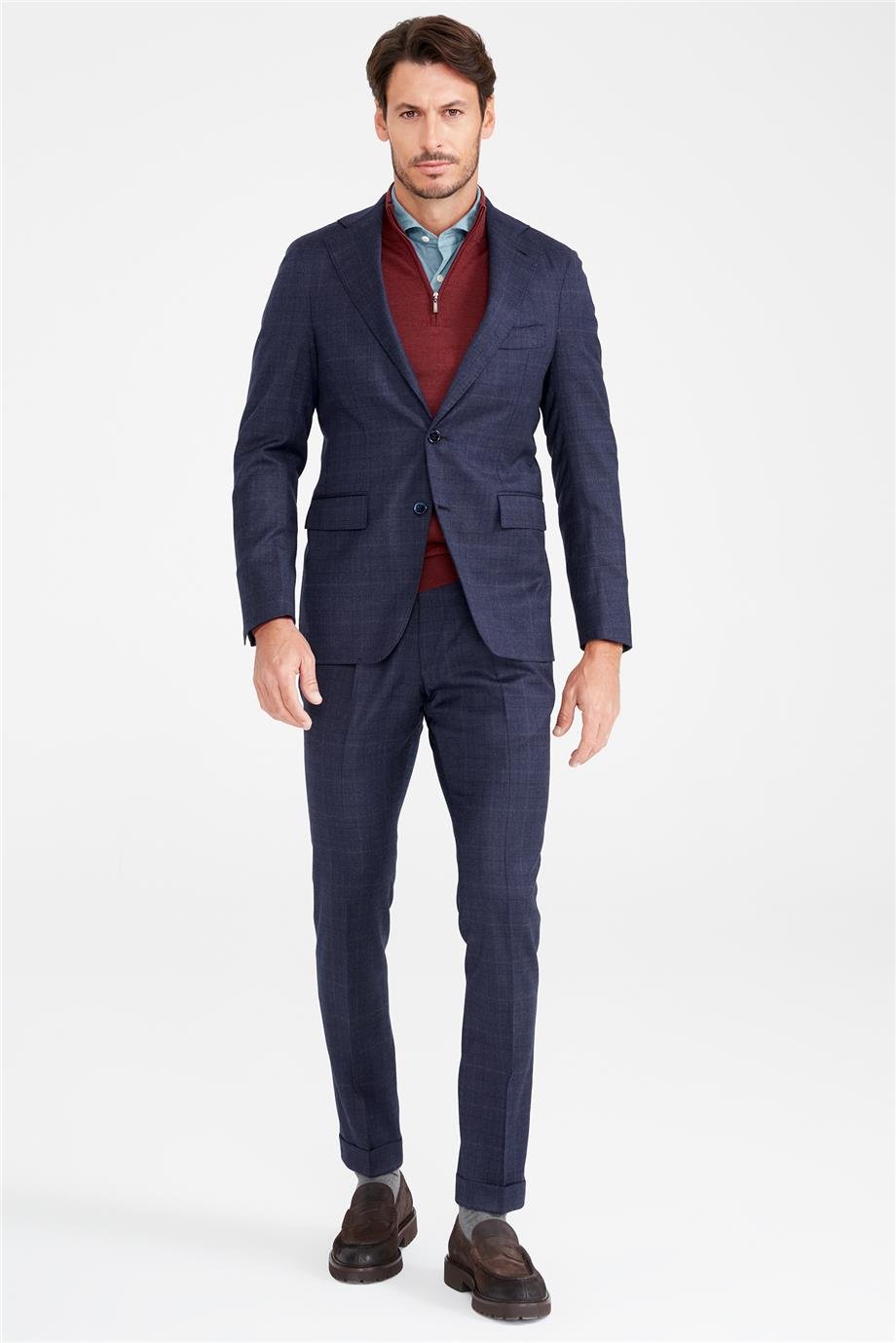 Lacivert Kareli Yün Takım Elbise