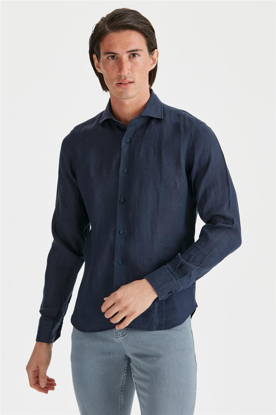 Navy Blue Linen Shirt