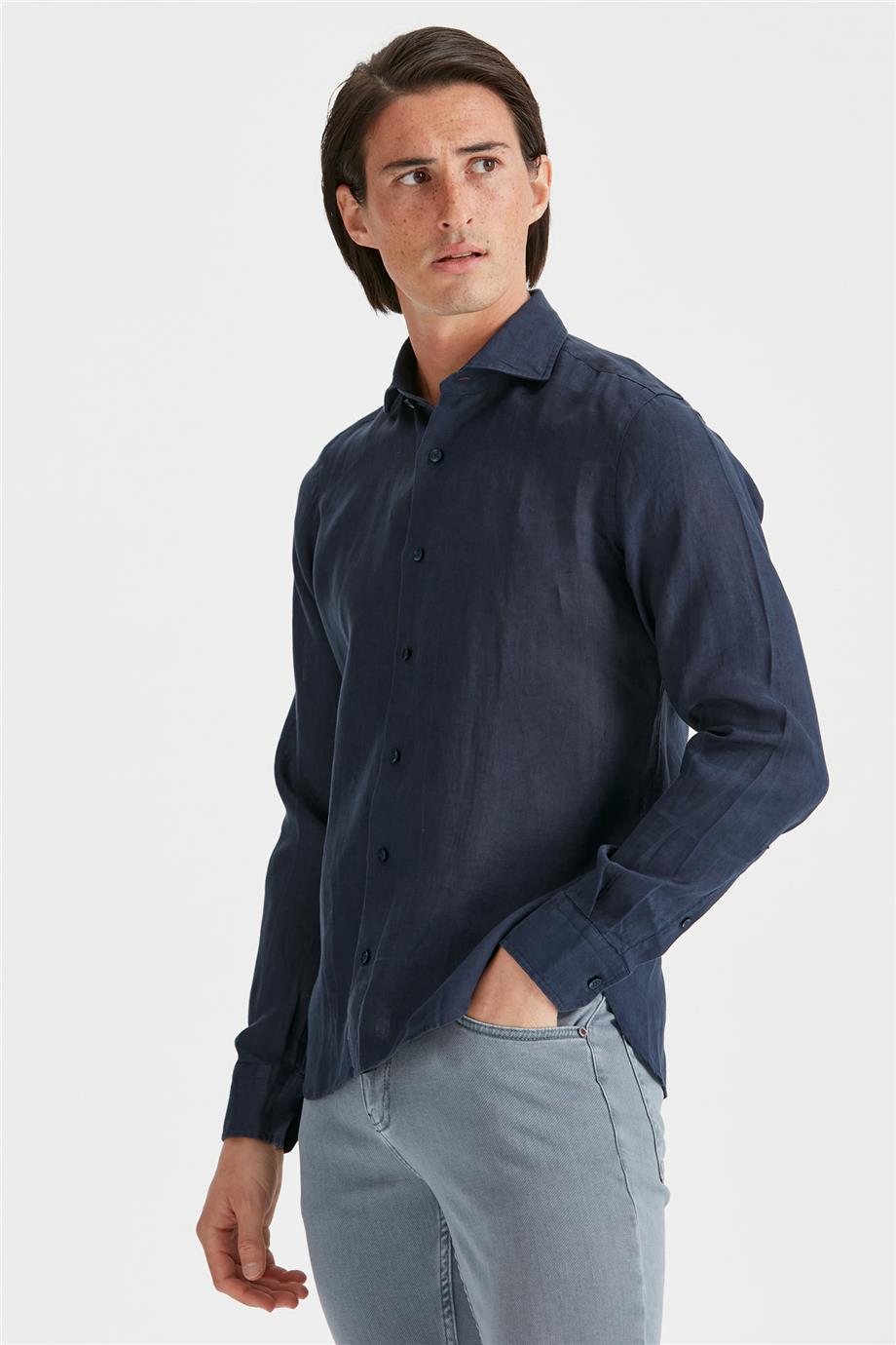 Navy Blue Linen Shirt