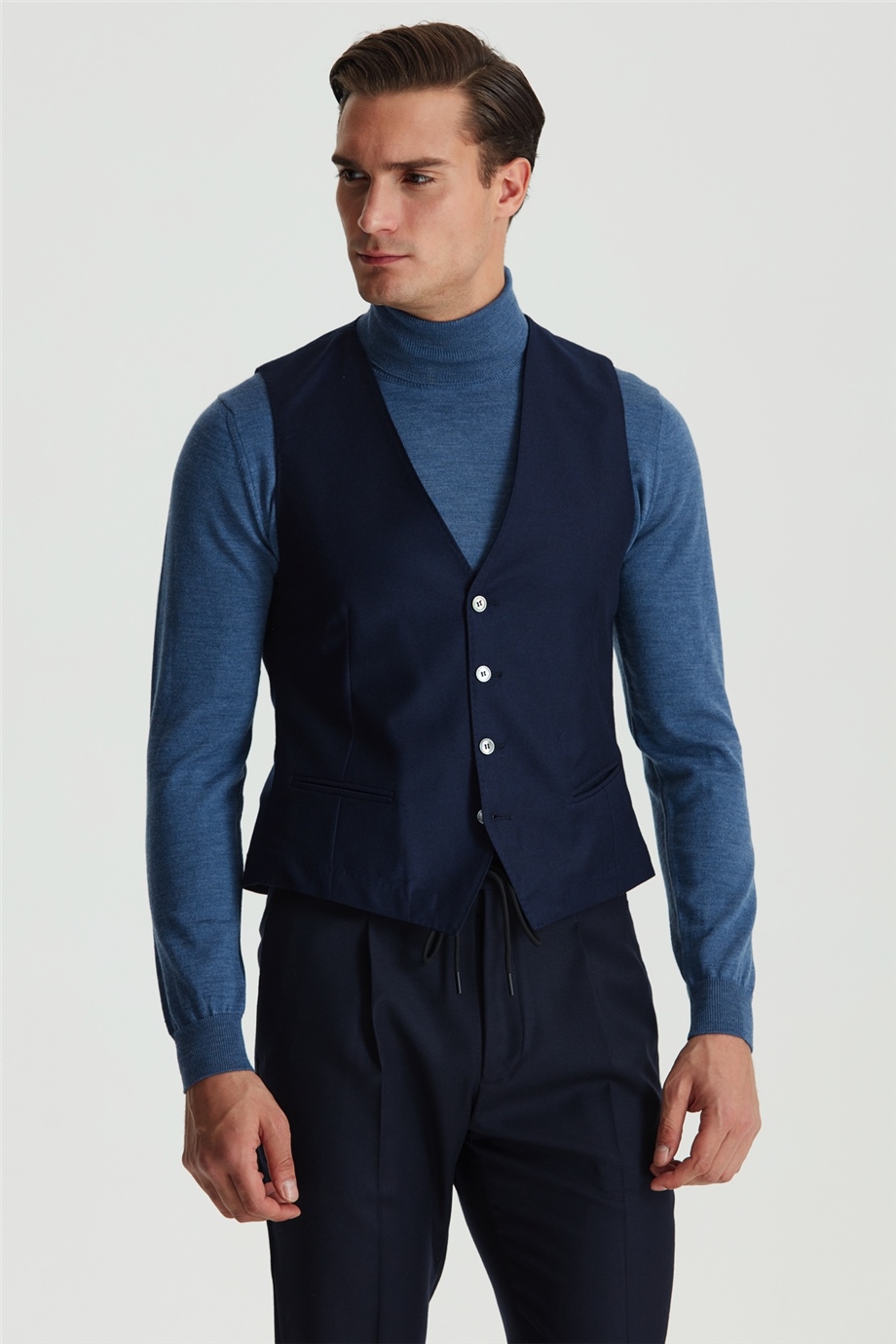 Lacivert Klasik Flanel Yün Yelek