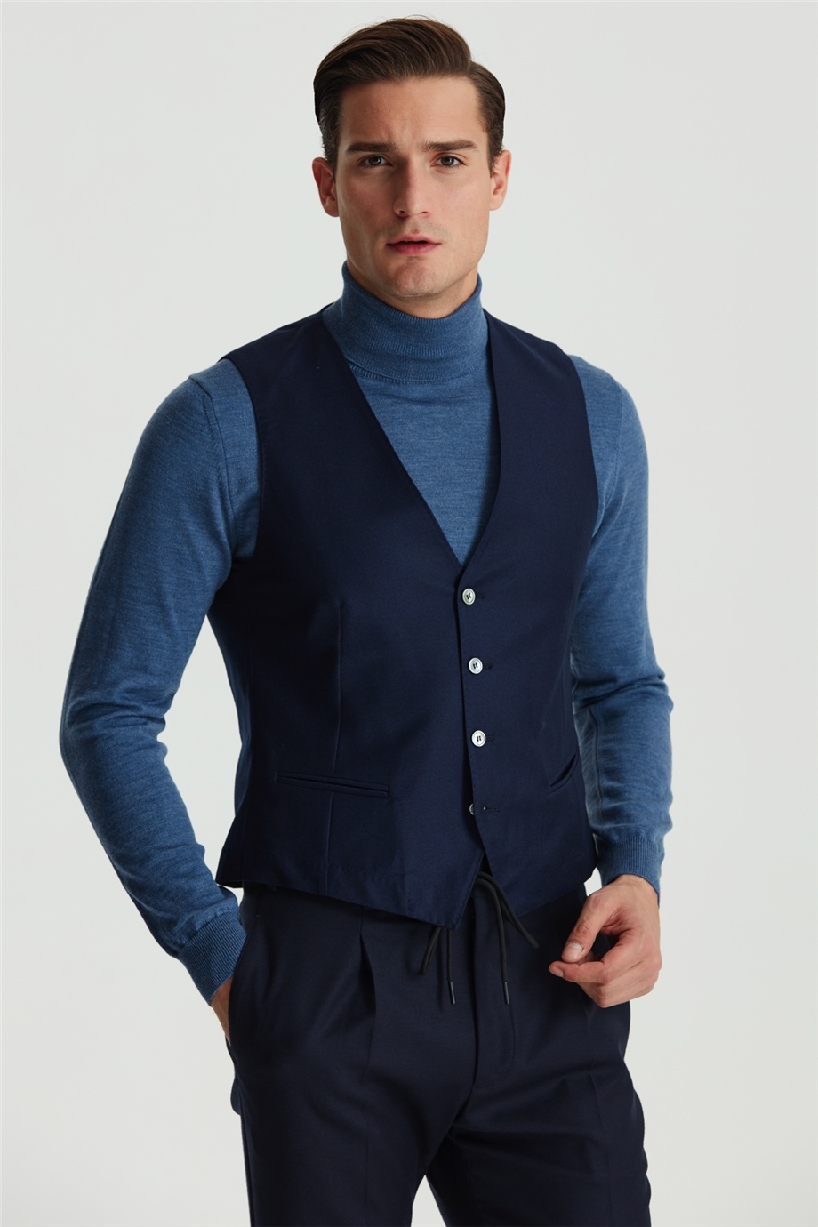 Lacivert Klasik Flanel Yün Yelek
