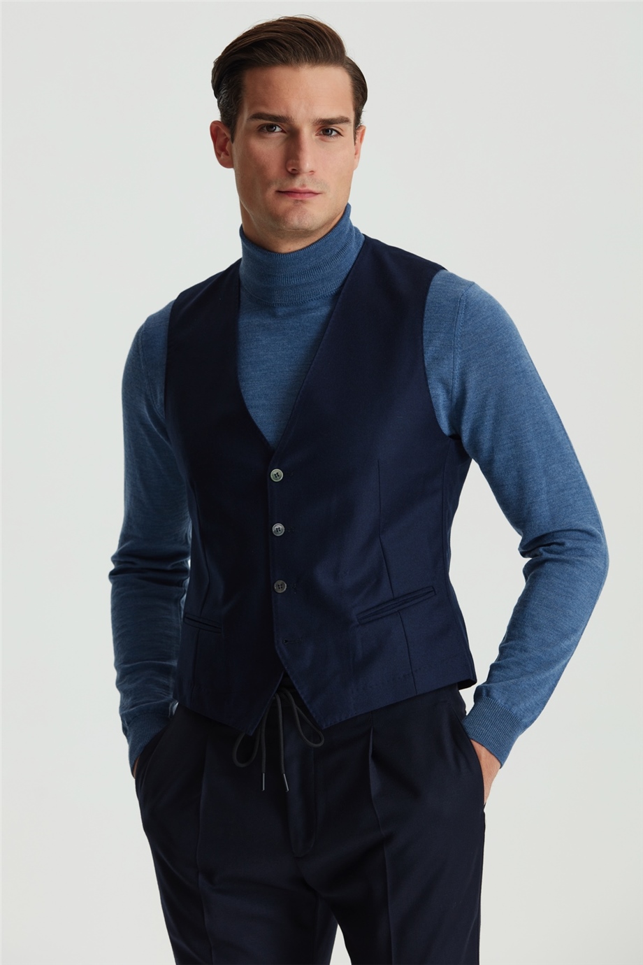 Lacivert Klasik Flanel Yün Yelek