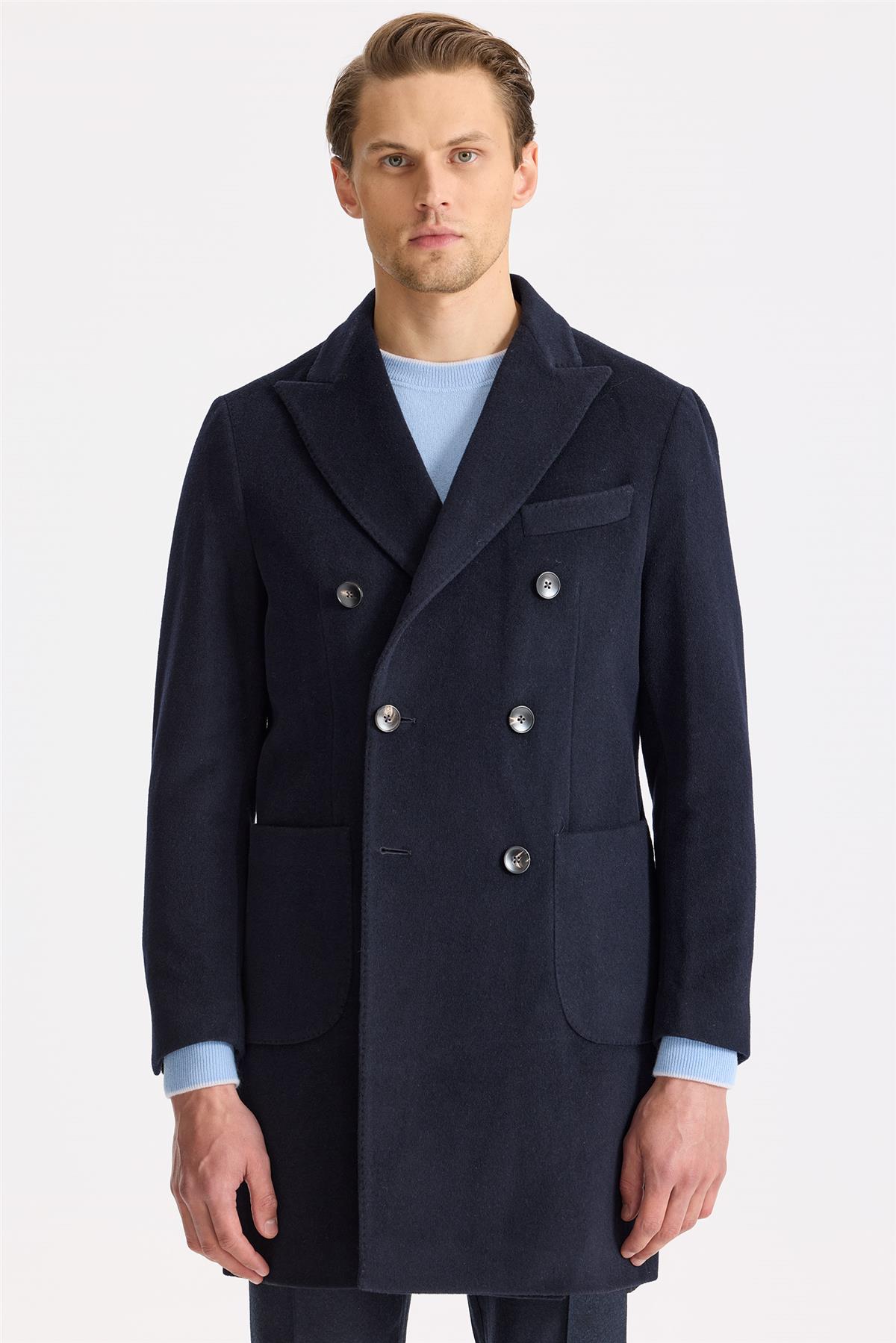 Lacivert Kruvaze Yün Kaşmir Palto